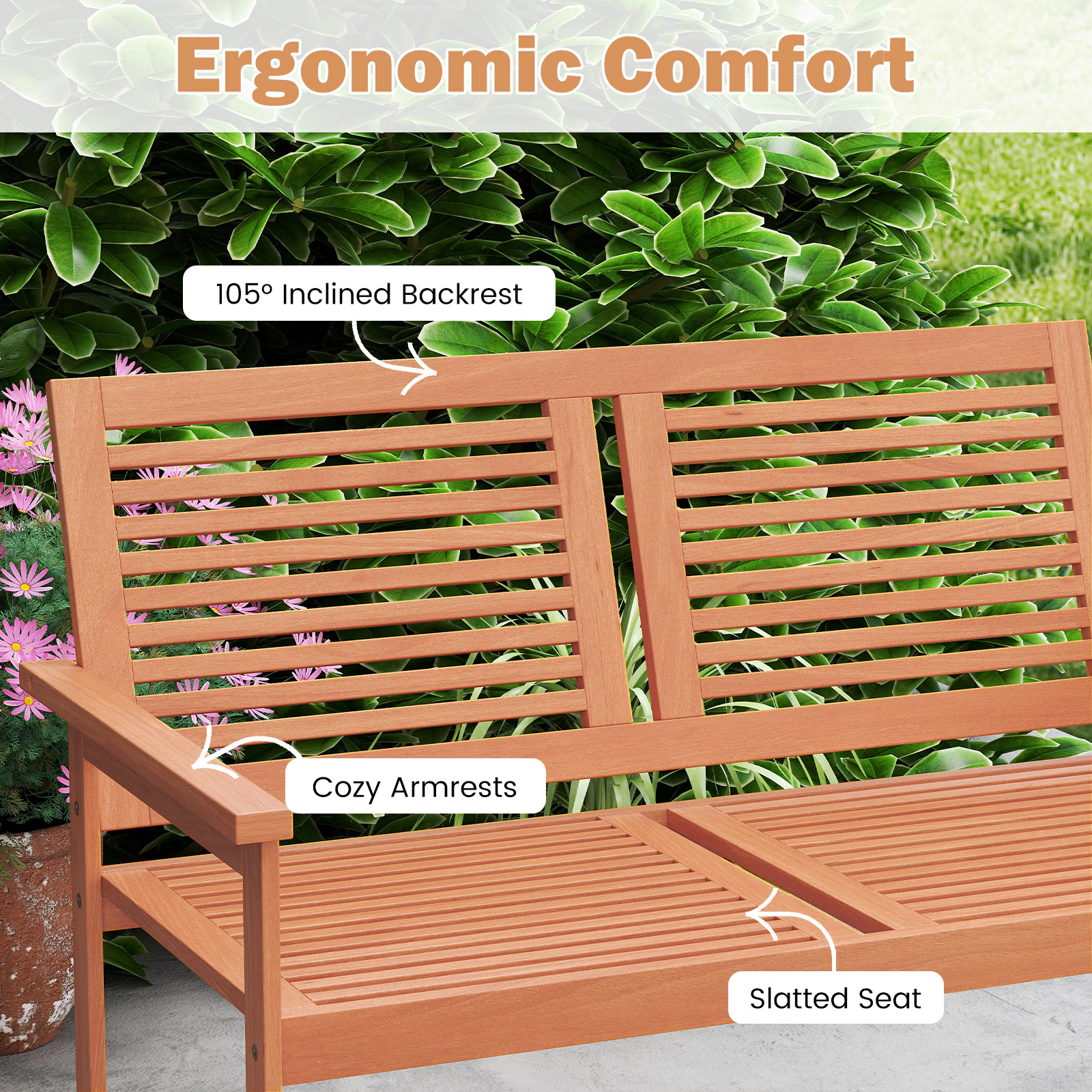 SUGIFT 46 in Outdoor Wooden Bench Natural 2-Person Patio Bench with Slatted Back and Seat