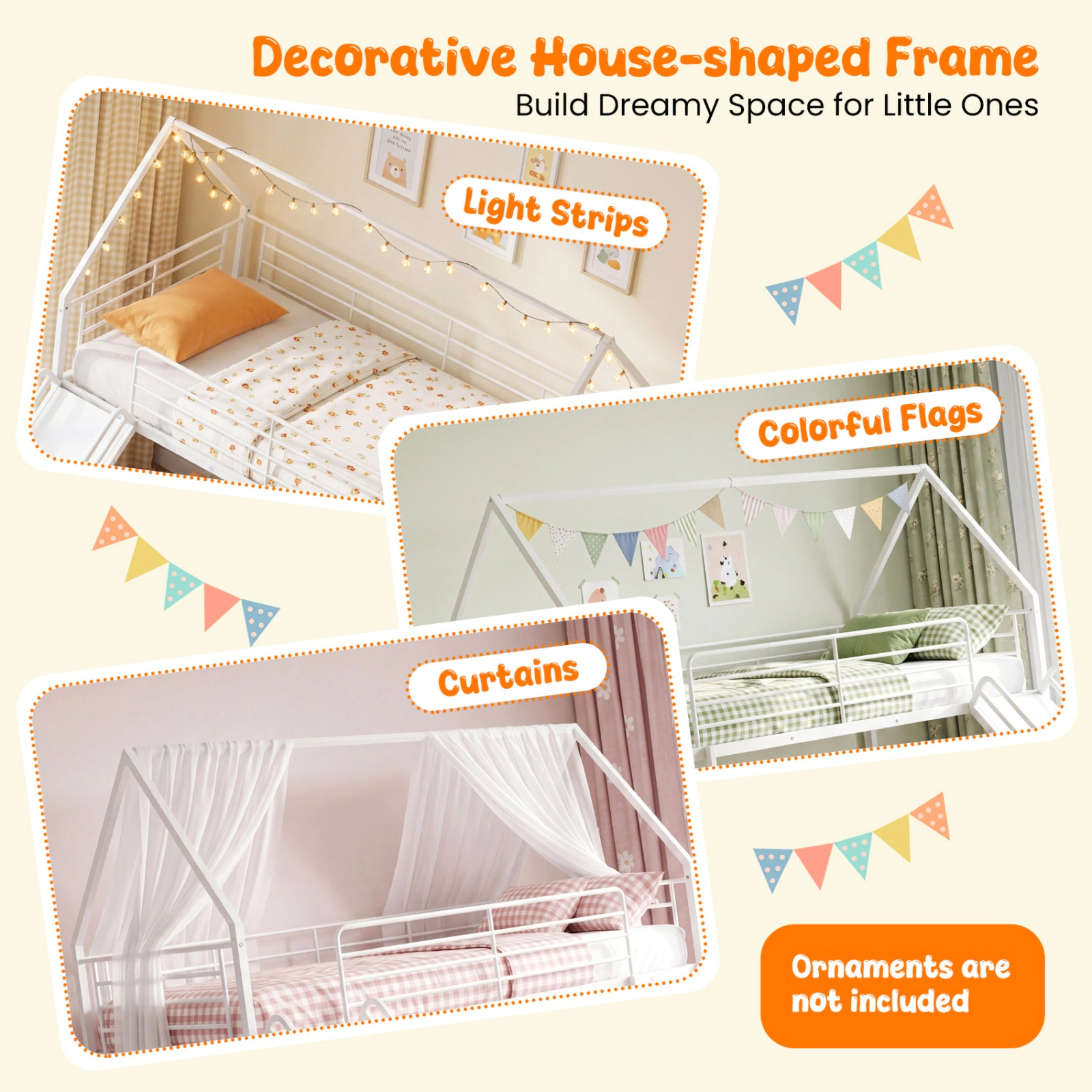 SUGIFT White Slide and Guardrails House-Shaped Metal Twin Over Twin Kids Low Bunk Bed