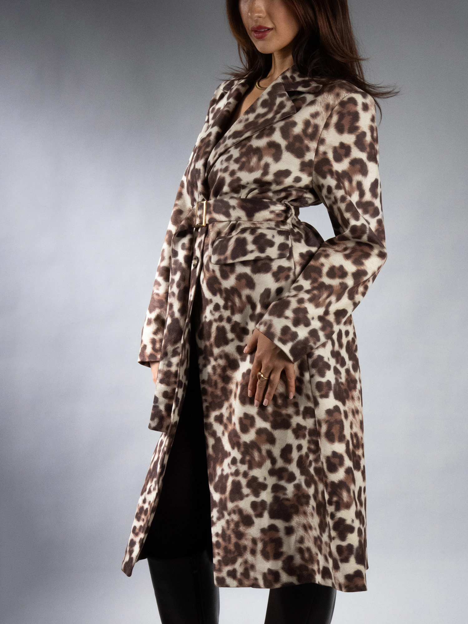 JESS by Meiko Women's Faux Suede Leopard Print Belted Trench Coat