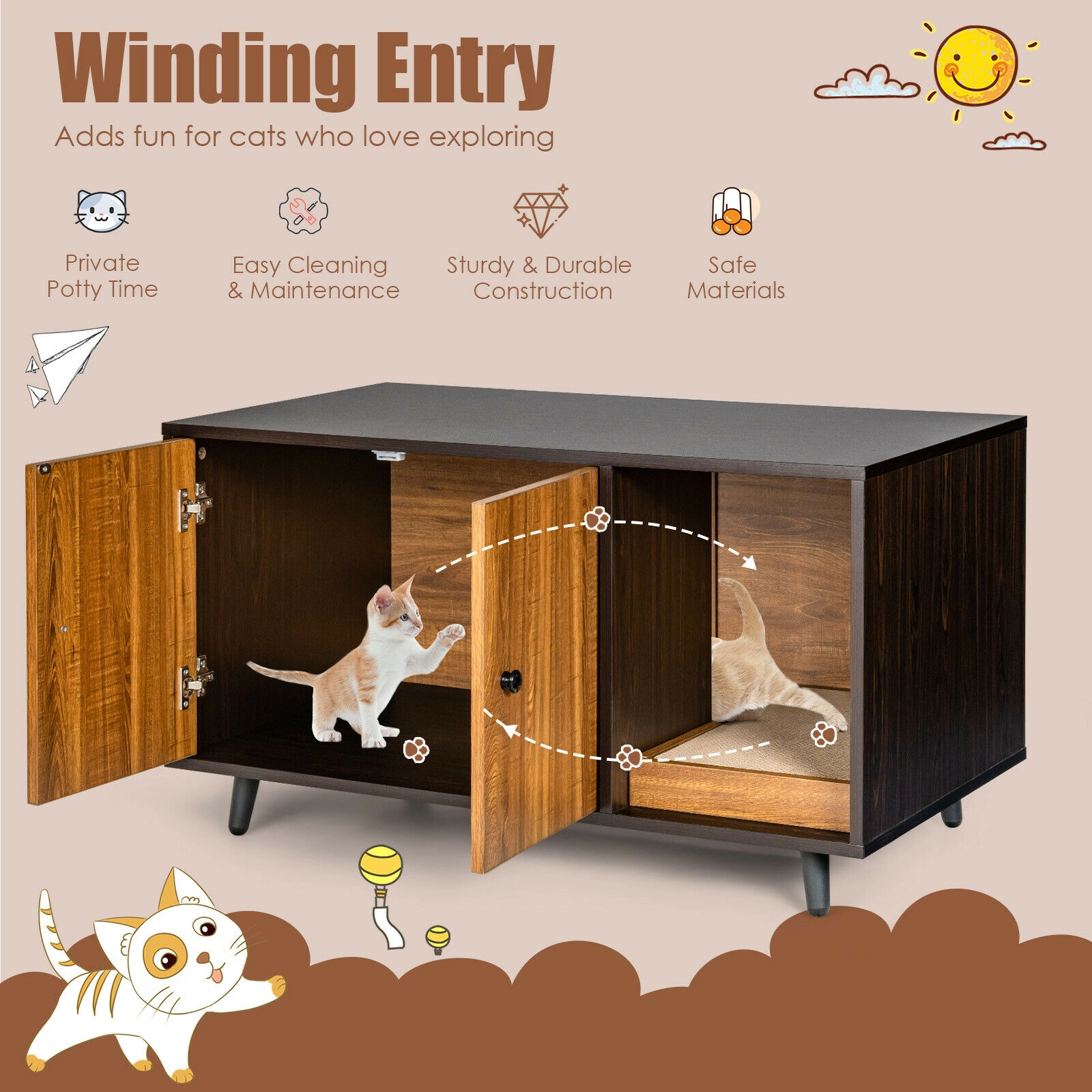 SUGIFT Brown Cat Litter Box Enclosure with Divider and Cat Scratcher 20-in W 20-in D 35.5-in H 192-lb Top Capacity