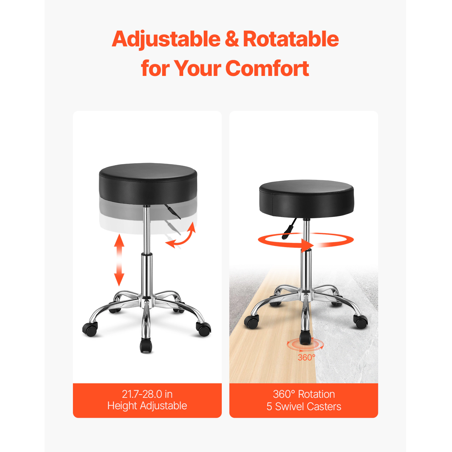 HONGGE Rolling Stool with Wheels 450 LBS Weight Capacity Round Rolling Stool Chair Height Adjustable Thickened PU