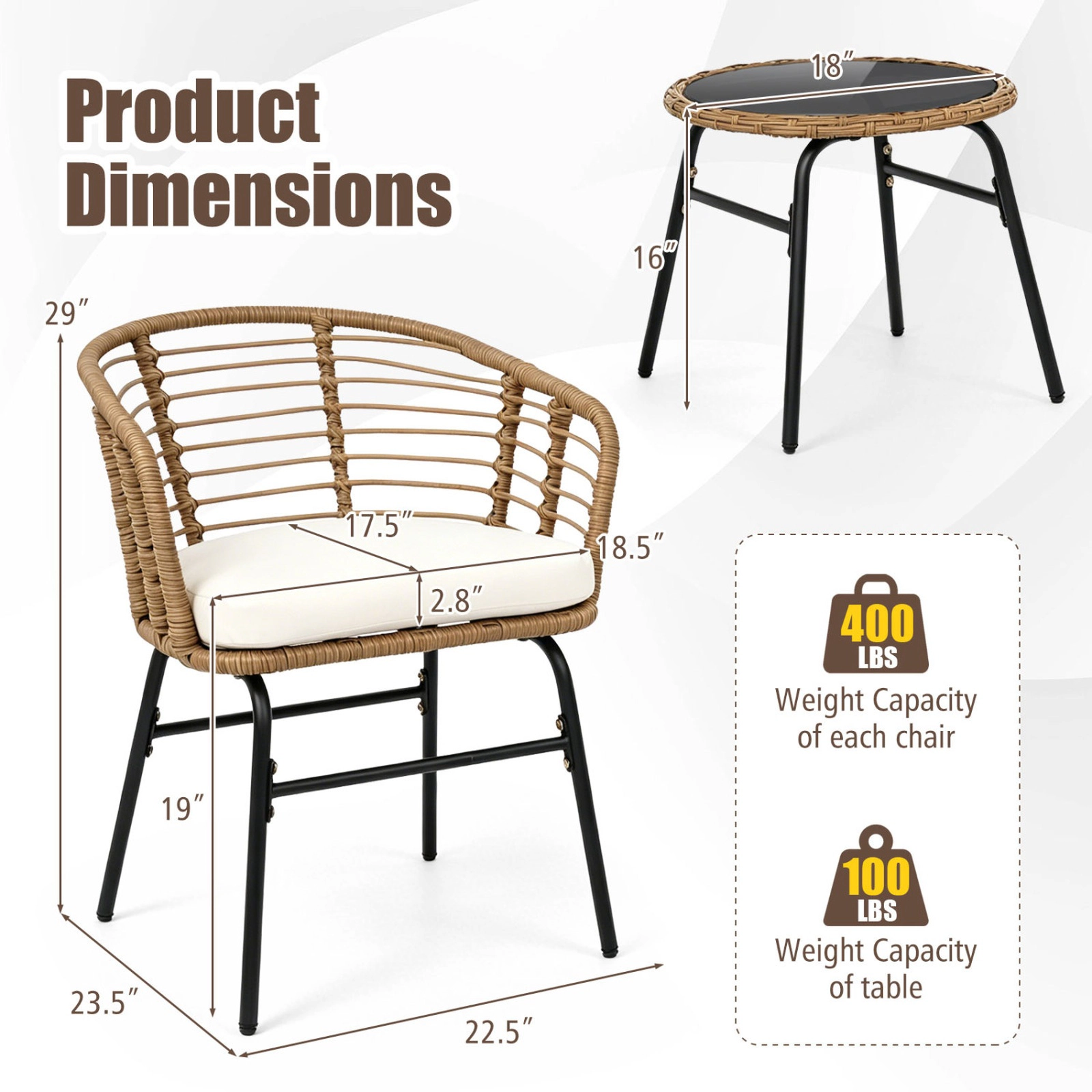 SUGIFT 3-Piece Natural Outdoor Wicker Bistro Set with Round Glass Table and Cushions