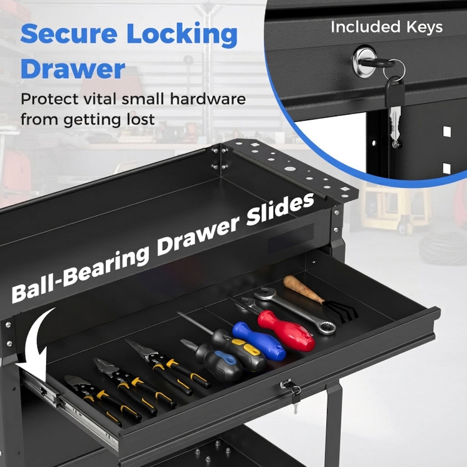 SUGIFT 3-Tier 350-lb Capacity Rolling Tool Cart with Lockable Ball-Bearing Drawer 2 Pegboards and 4 Hooks
