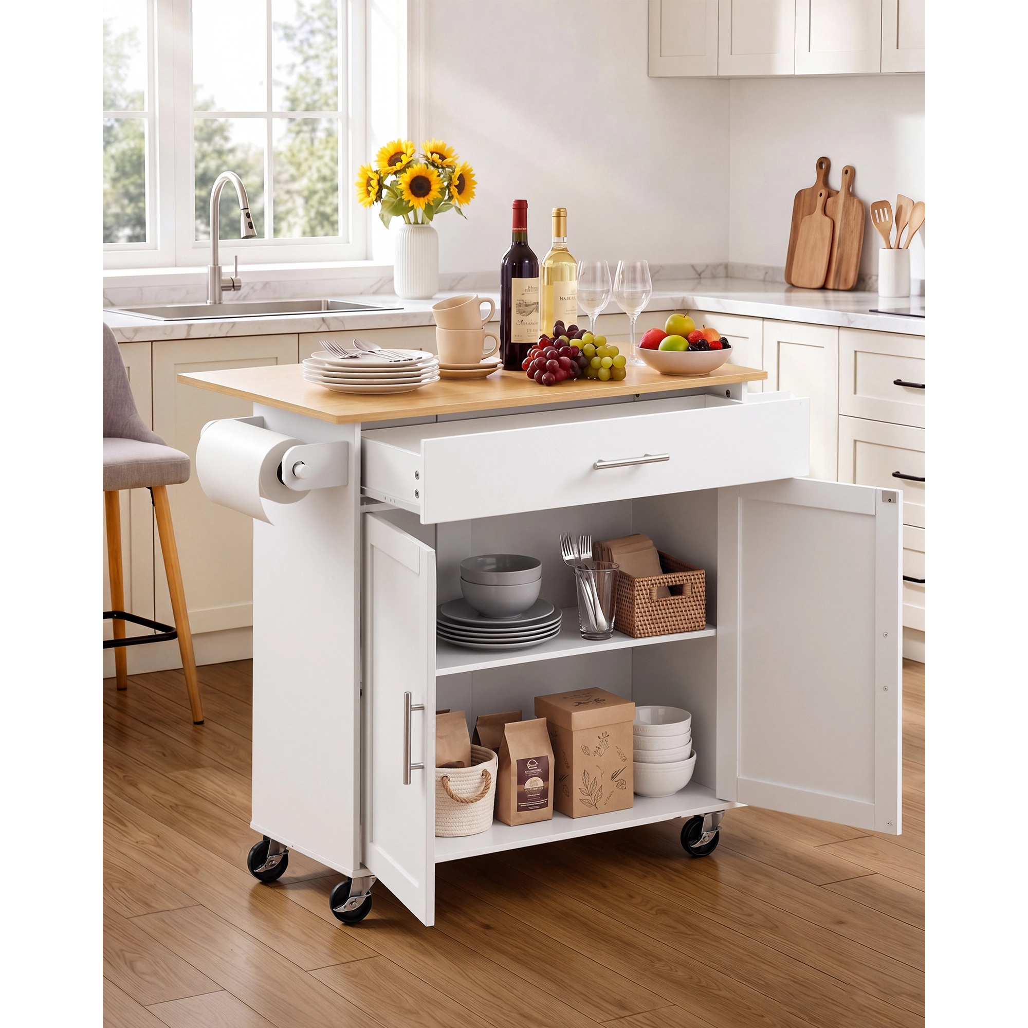 HONGGE Kitchen Island Cart with Storage 42.28 Wide Mobile Rolling on Swivel Wheels Drawer