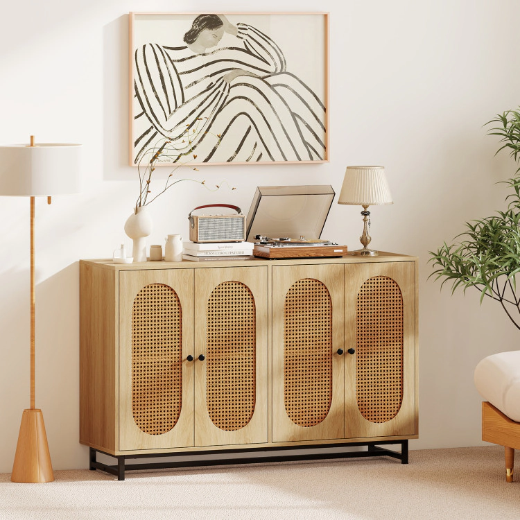 Hivvago 50 Inch Buffet Sideboard Cabinet With 4 Rattan Doors And Adjustable Shelves