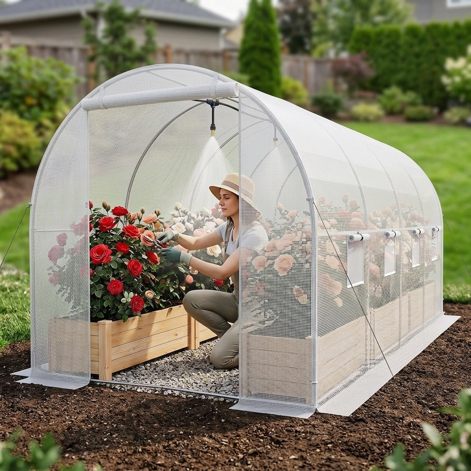 SUGIFT 15-ft x 7-ft Walk-in Tunnel Greenhouse with Watering System 49-ft Hose and Galvanized Steel Frame