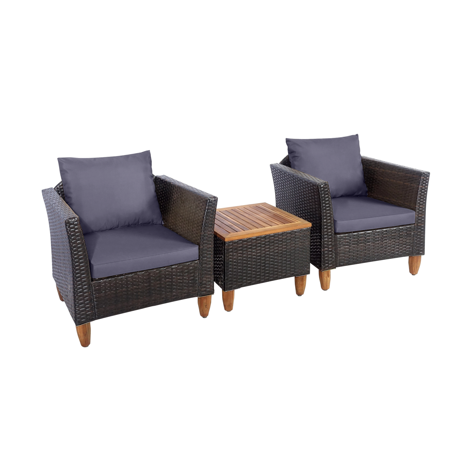 SUGIFT Outdoor Patio Wicker Conversation Set with Cushions and Acacia Wood Coffee Table 400-lb Chair Capacity Gray