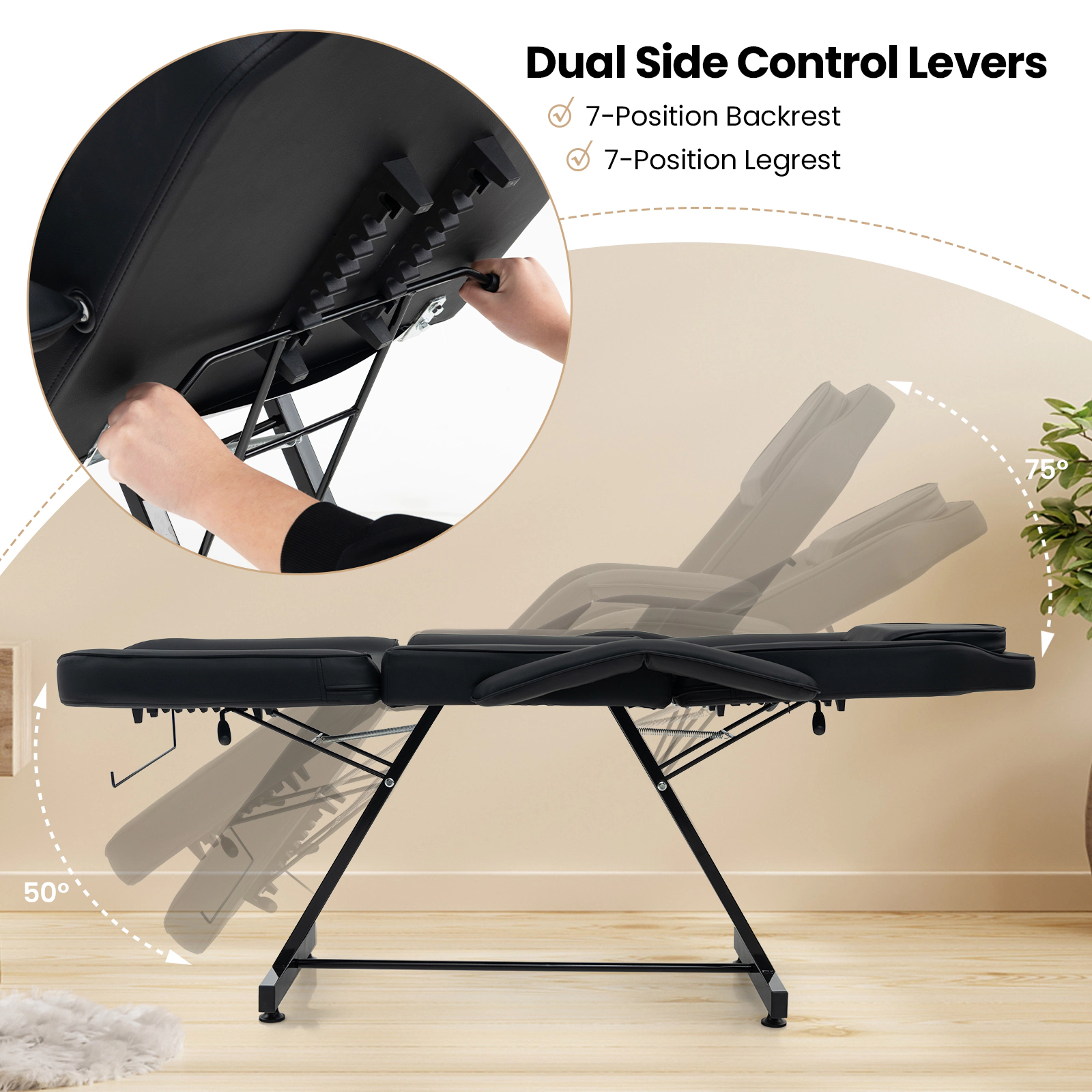 SUGIFT Black Facial Bed and Salon Stool Set with Removable Headrest and Towel Rack 73-in W 440-lb Chair Capacity