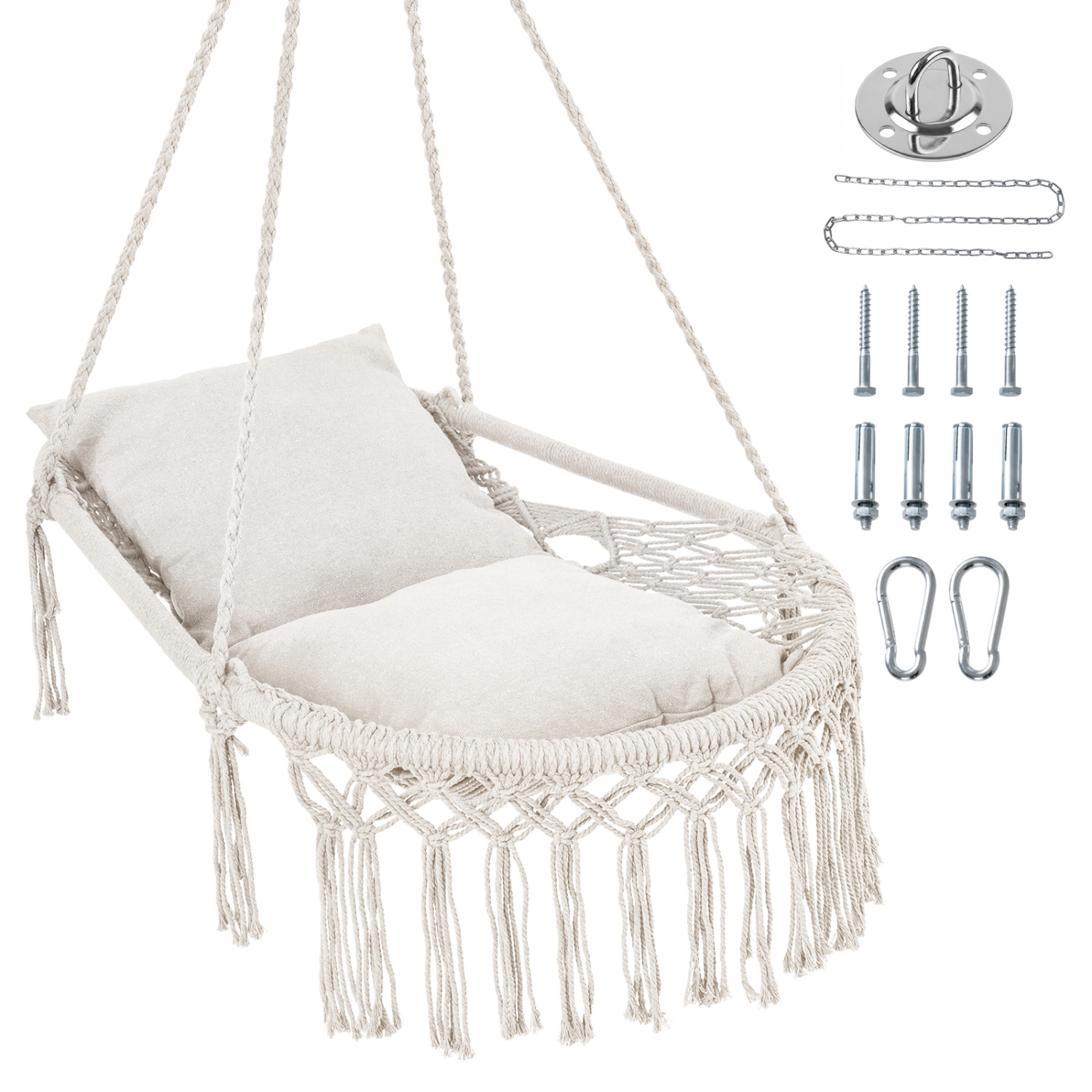 LJG Macrame Swing Chair Hammock with 2 Removable Cushions