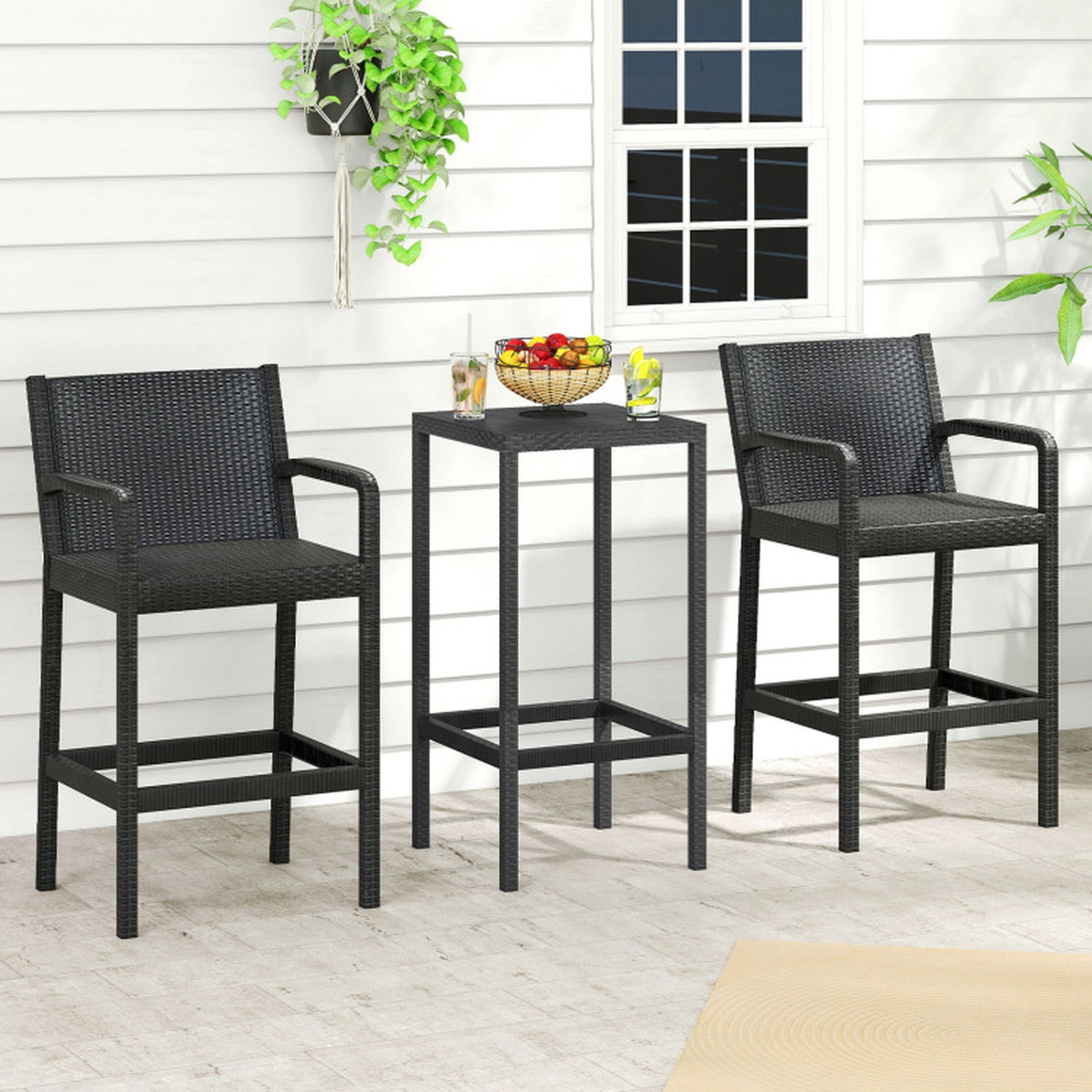 SUGIFT 3-Piece PP Seats Metal Frame 2 Stools 1 Table Patio Bar Set 19.5-in x 19.5-in x 39.5-in 110-lb Capacity Black