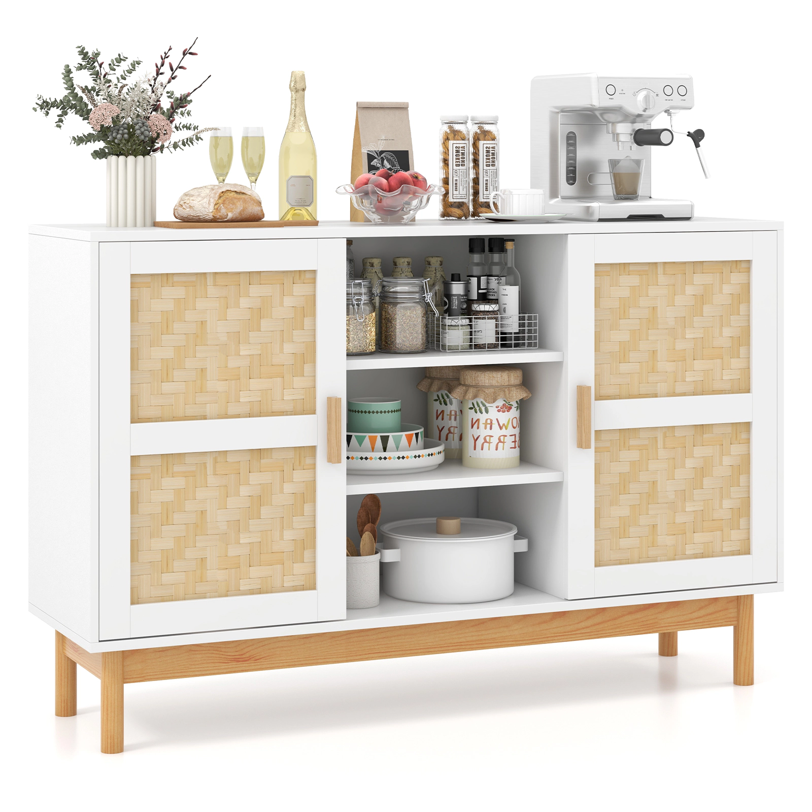 Glintex 48-Inch Sideboard with Bamboo Woven Doors and Solid Wood Legs, Natural & White