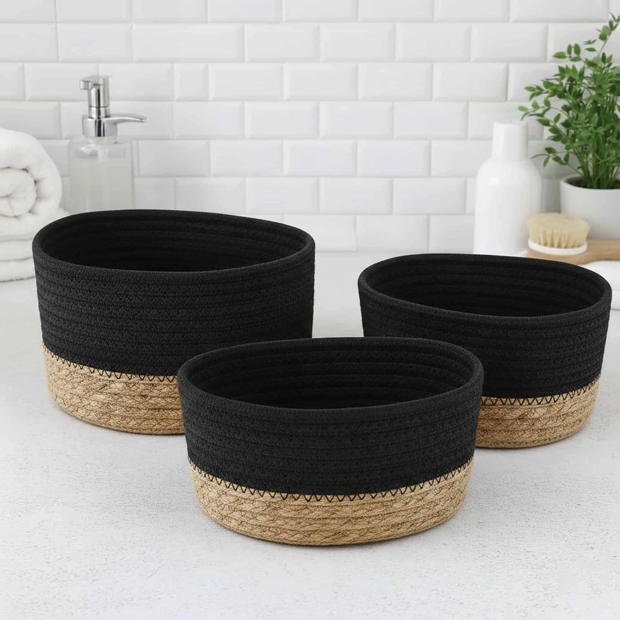 Evideco French Home Goods Set of 3 Stackable Cotton Rope Baskets with Seagrass Base