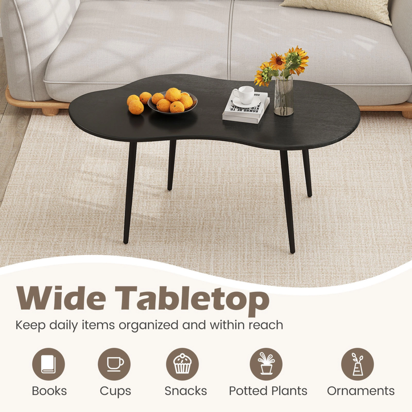SUGIFT Cloud Shape Rounded Edge Metal Frame Irregular Coffee Table 39.5-in x 20-in x 17.5-in 110-lb Capacity Black