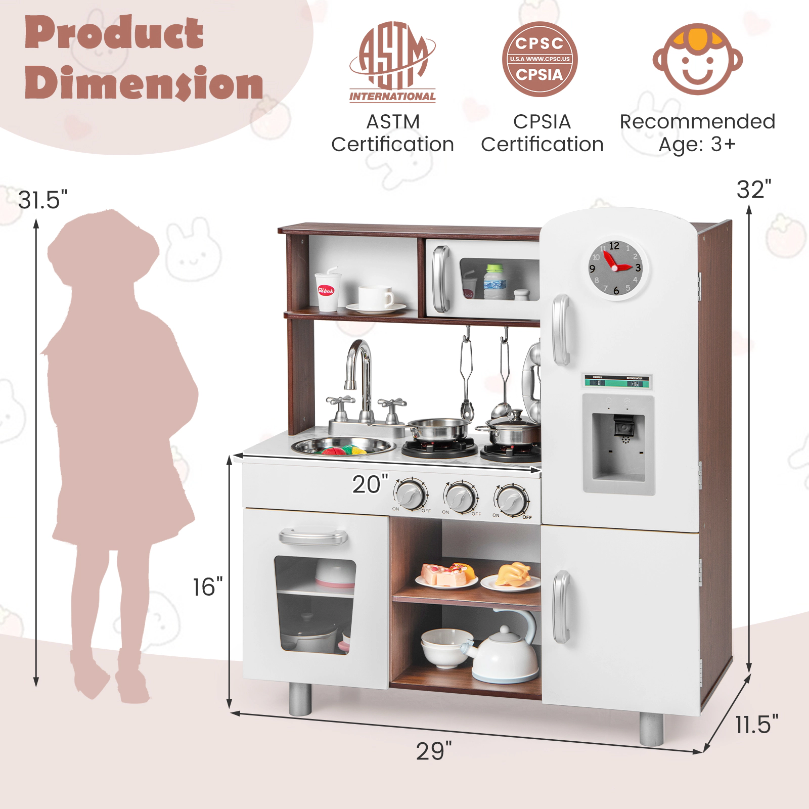 Kids Kitchen Playset with Realistic Lights and Sounds 2 Steel Pots and 3 Utensils 29-in x 11.5-in x 32-in Brown White