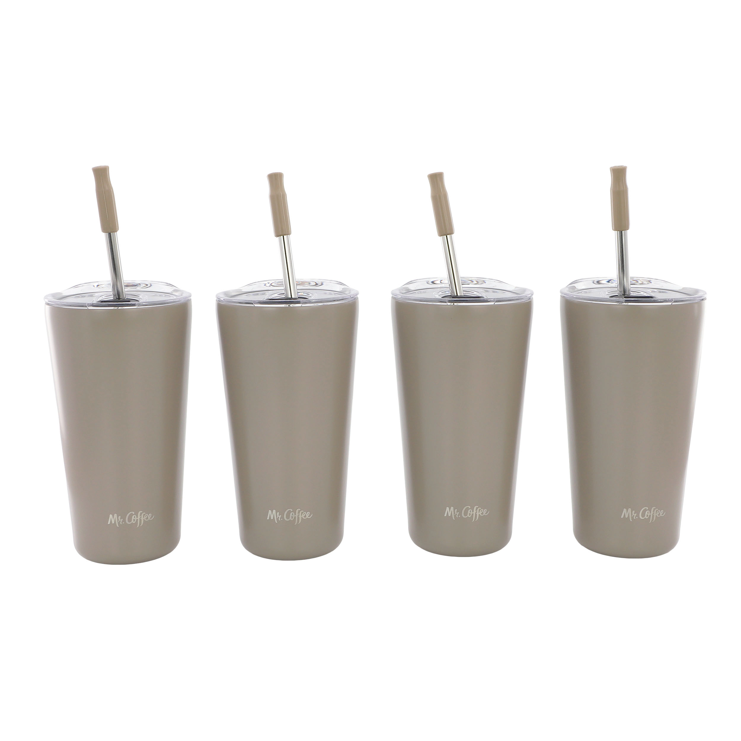 Mr. Coffee Java Quest 4-Piece Set 16 Ounce Double Wall Stainless Steel Tumbler in Beige with Stainless Steel Straw