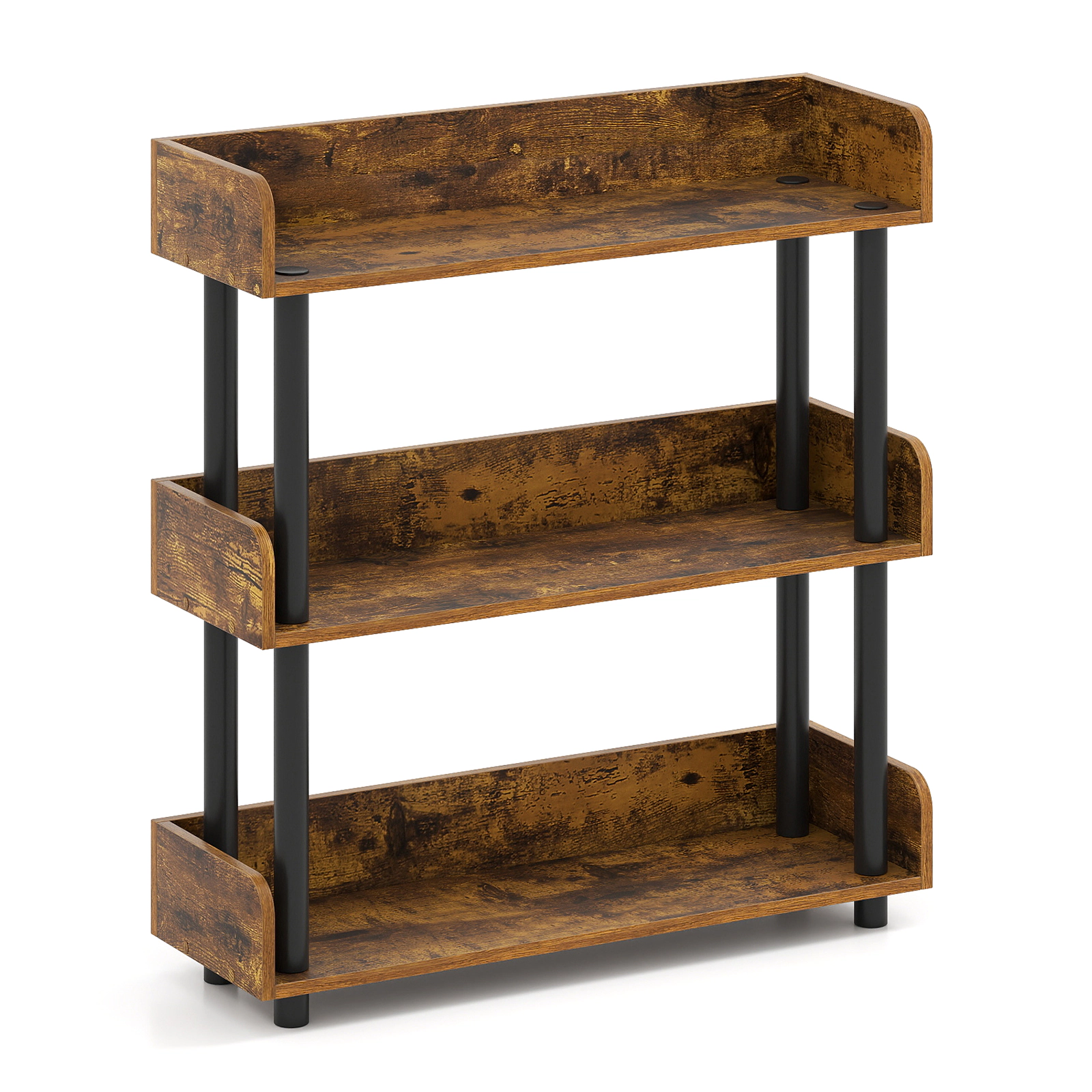 SUGIFT 3-Shelf Rustic Brown 31.5-in Wide Low Bookshelf Open Display Storage Unit with Anti-Tipping Kit