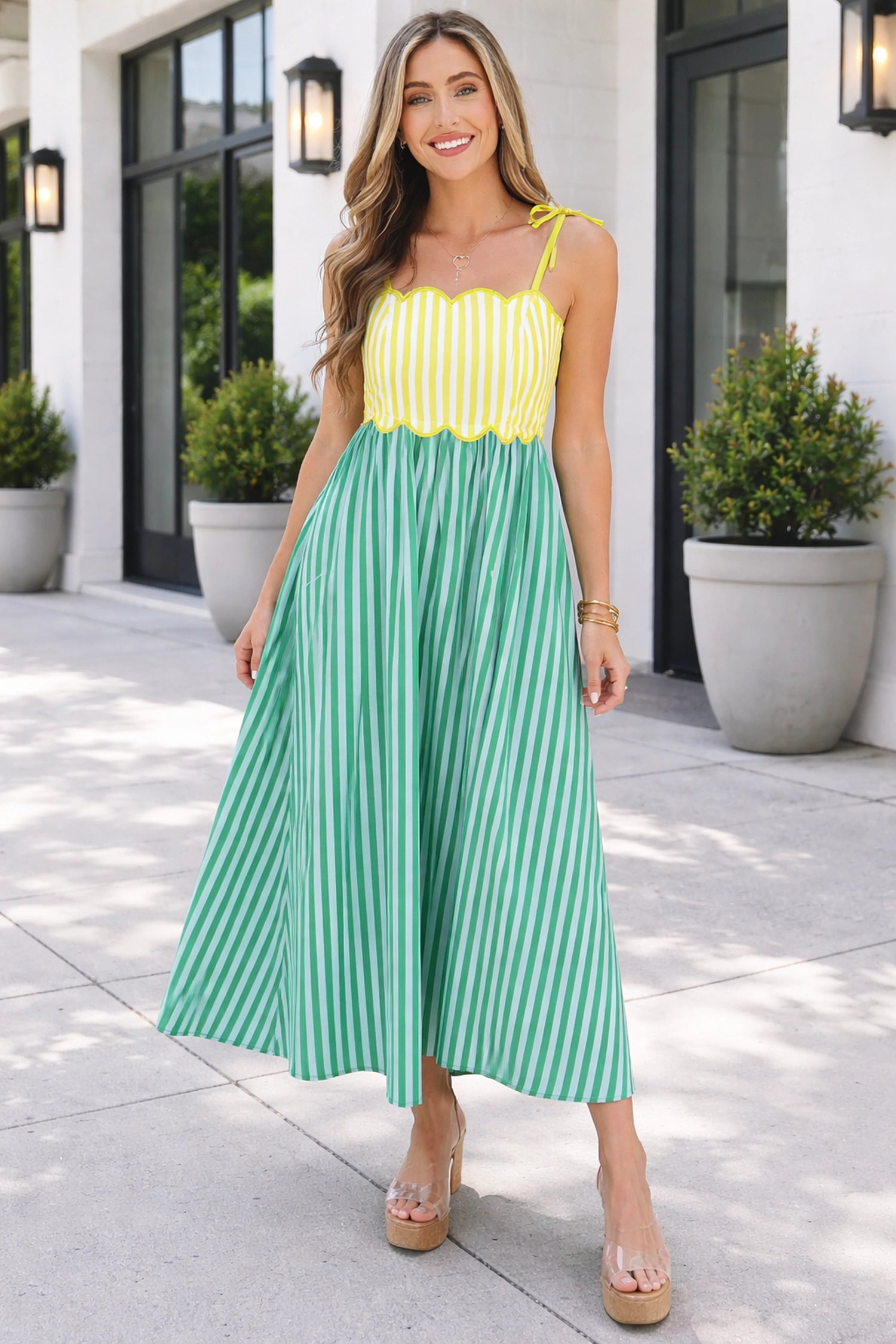 Threaded Pear Womens Raelyn Knot Strap Midi Dress - Green Stripe