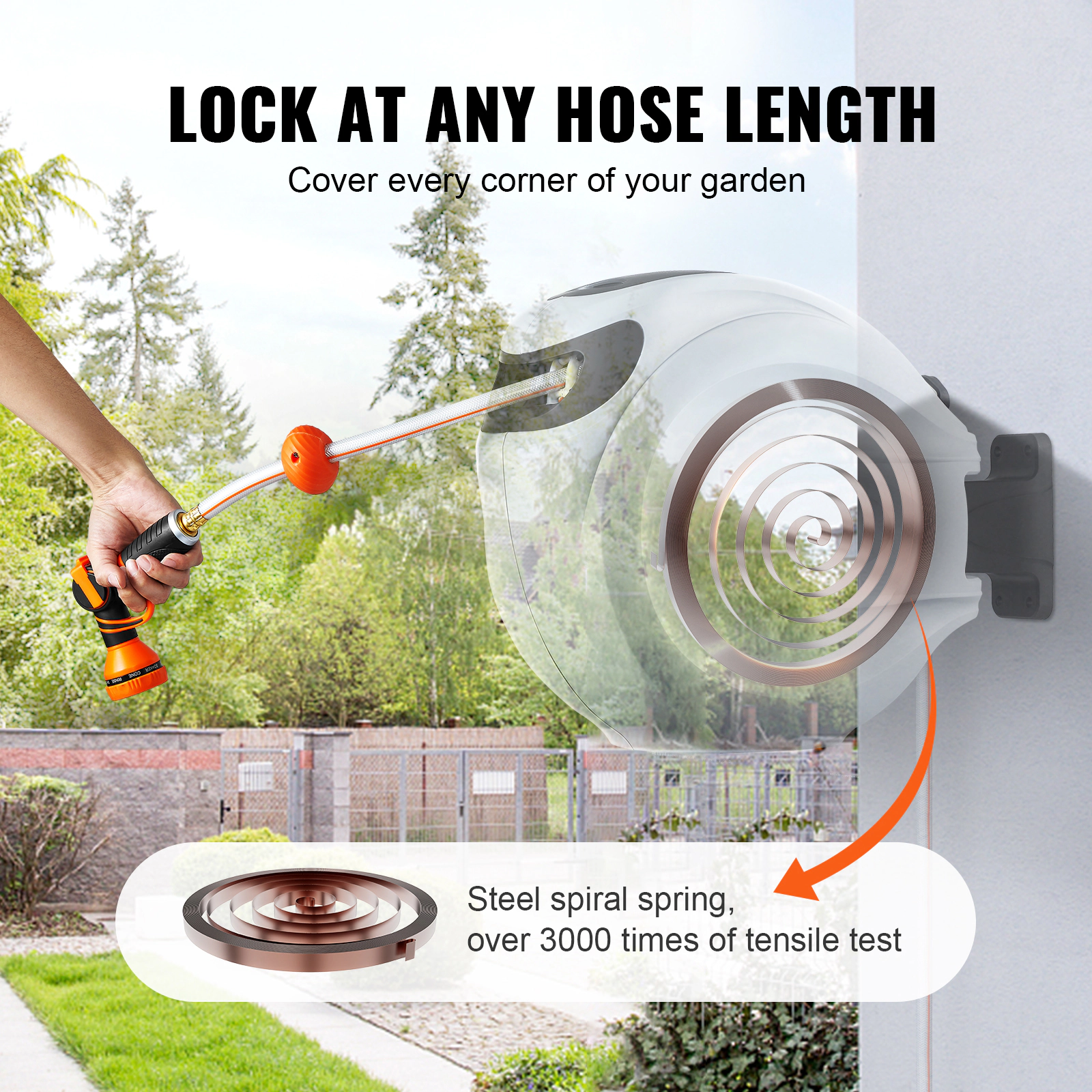 HONGGE Retractable Garden Hose Reel, 5/8 in x 65 ft, Wall-Mounted, Auto Rewind, 9-Pattern Nozzle, 180 Swivel Bracket