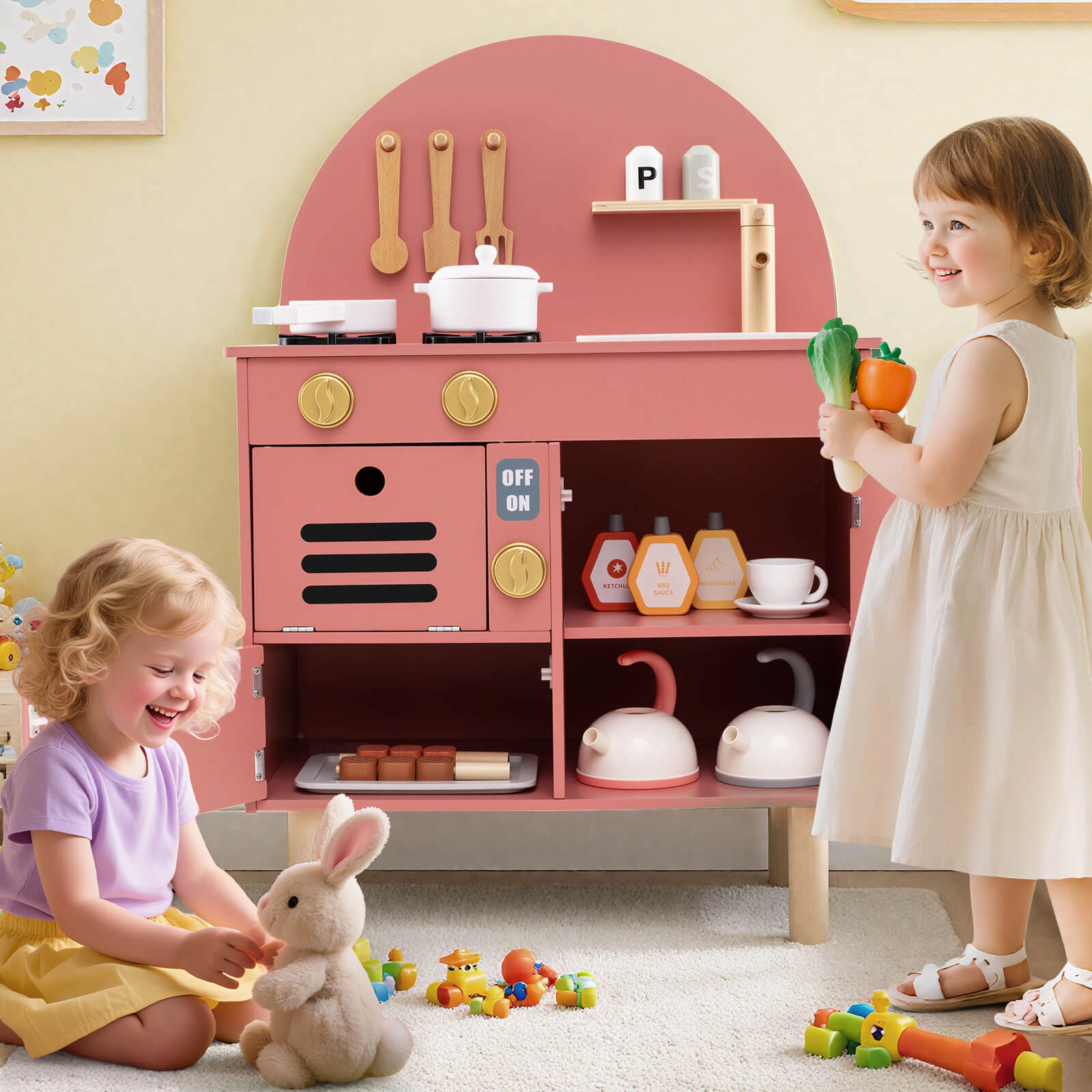 Costway Play Kitchen for Kids with Stoves Faucet Sink Microwave Oven Cooking Accessories Pink