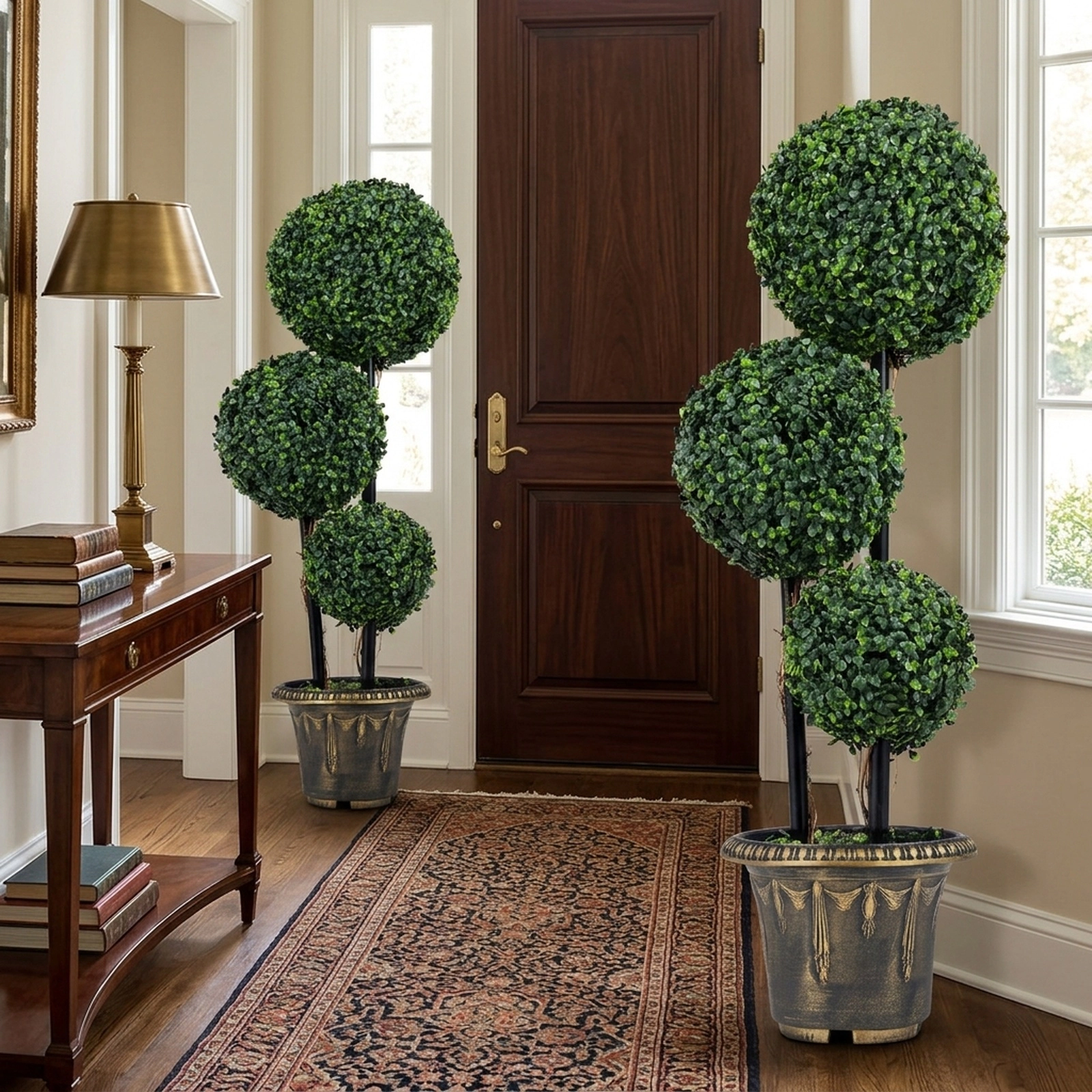 SUGIFT Layered Triple-Ball Artificial Boxwood Topiary Trees Set of 2 29-in Height Green Black Golden