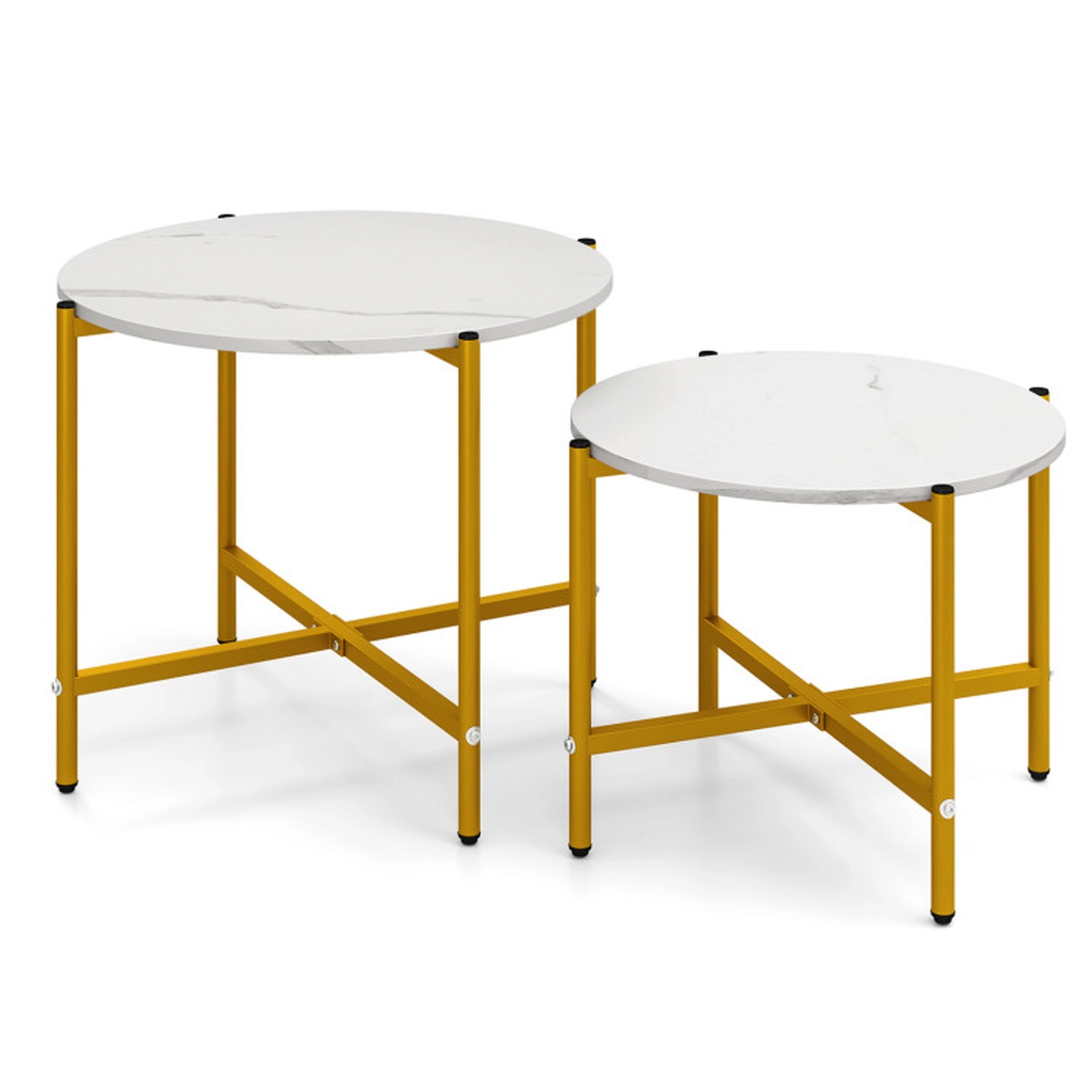 SUGIFT 2-Piece Round Nesting Coffee Table Set, White, Industrial X-Shaped Metal Frames, 200 lb Capacity