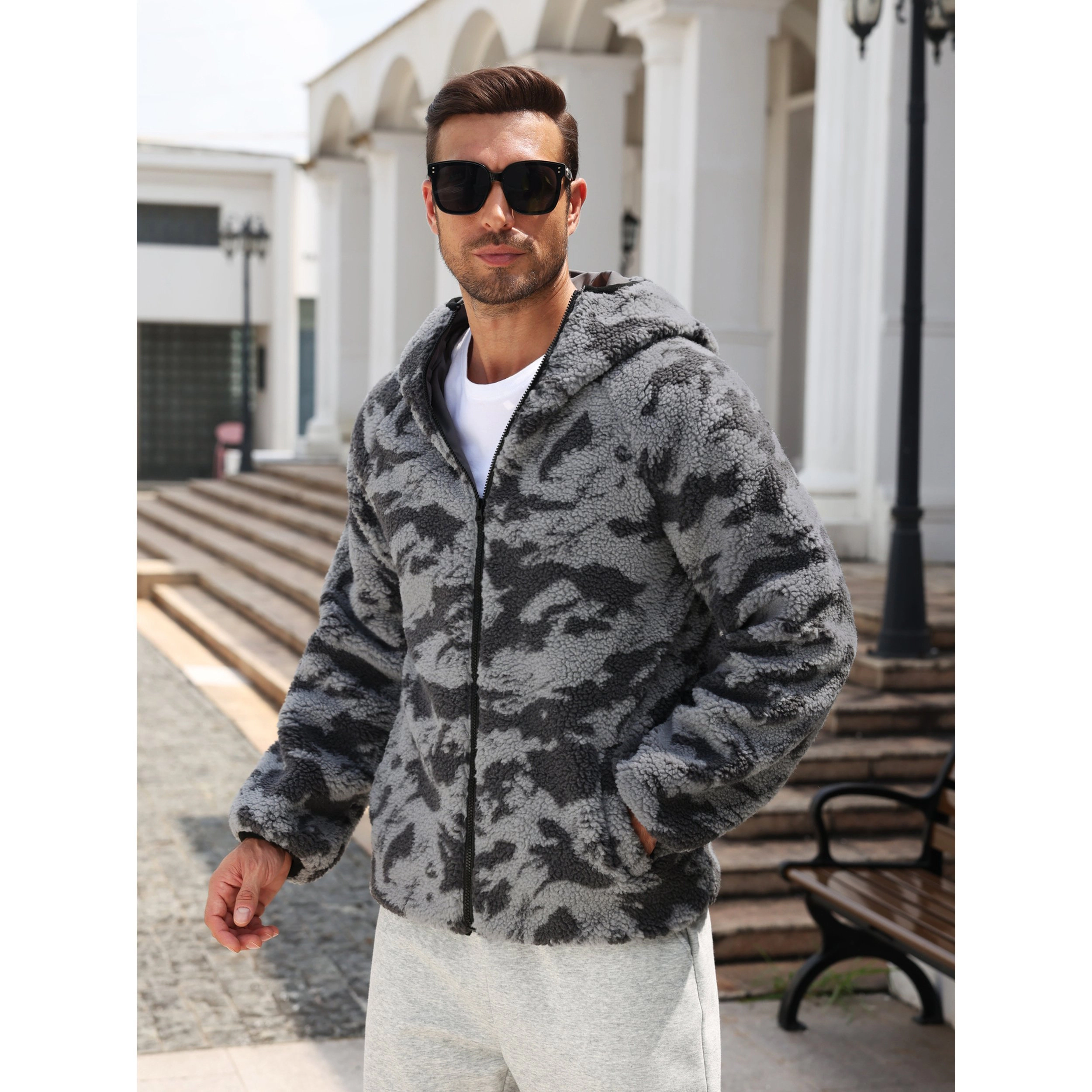 COOFANDY Men's Camo Sherpa Fleece Full Zip Hooded Jacket with Pockets