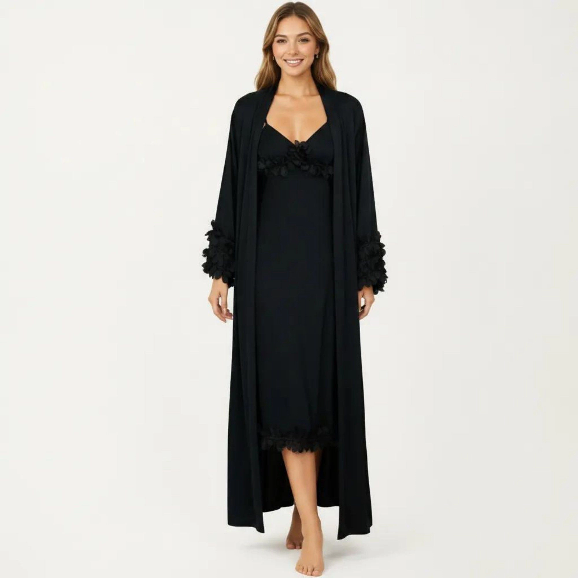 Anna-Kaci Women's 2-Piece Smooth Sleepwear Slip Dress with Long Sleeve Open Front Robe Floral Trim Nightgown Set