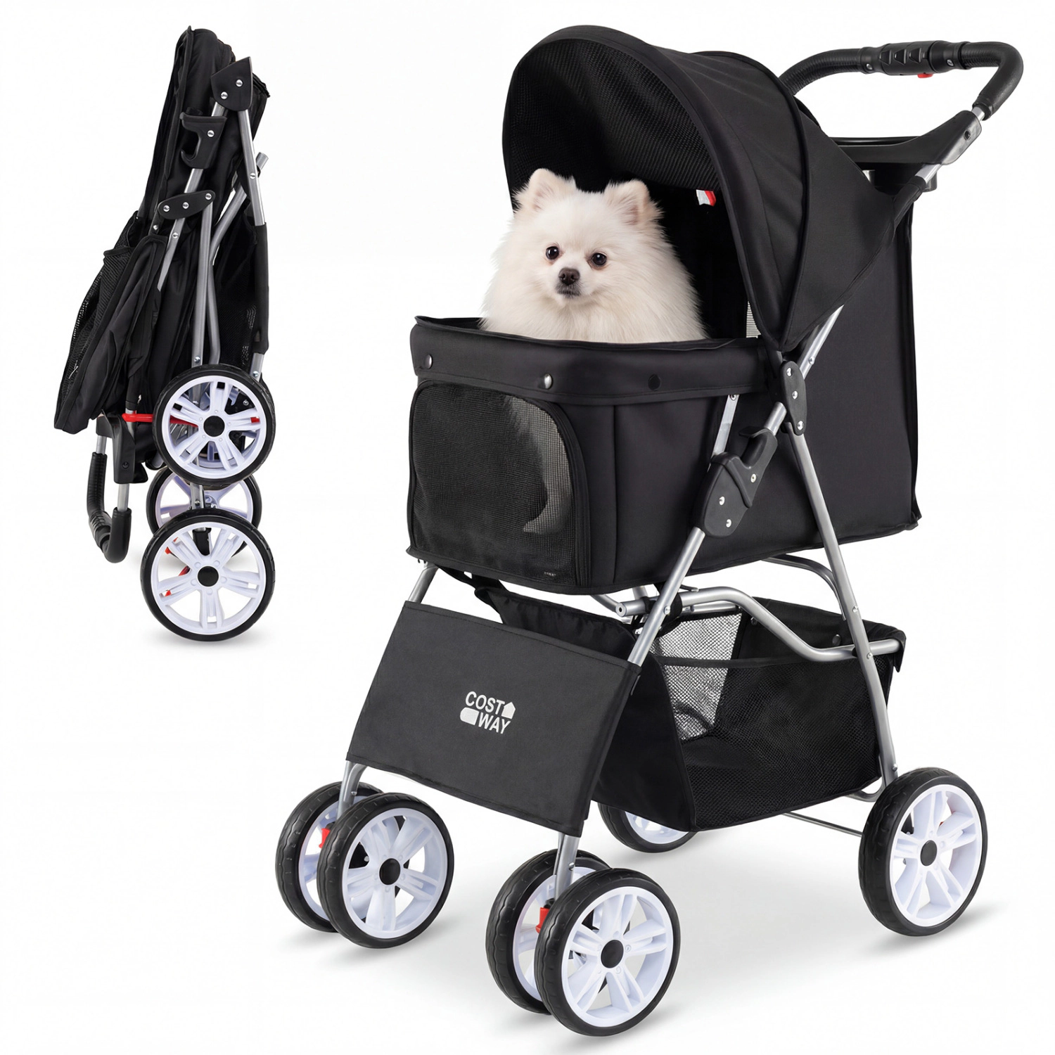 SUGIFT 31.5 x 40-in 33-lb Capacity Black 4-Wheel Lightweight Foldable Cat Dog Pet Stroller with Mesh Skylight