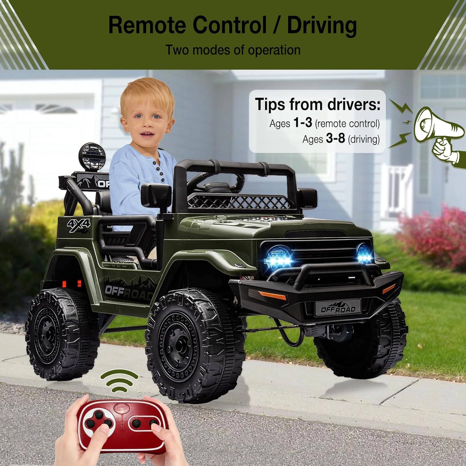 Enjyam 12V 2-Seater Kids Ride On Truck, Electric Car w/Parent Remote, LED Lights, Music, Off-Road Toy for Age 3-8