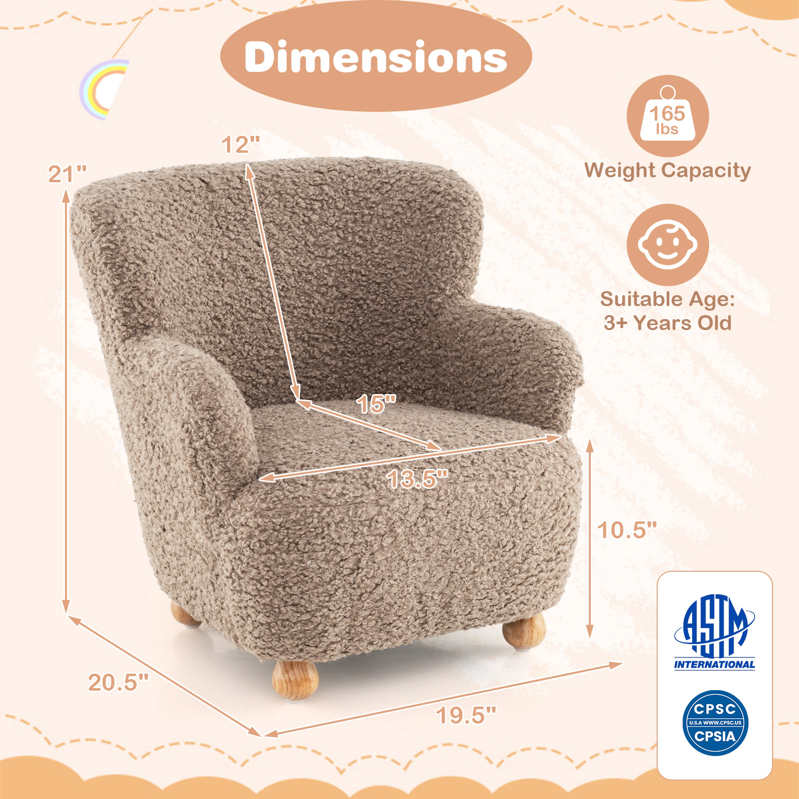 SUGIFT Rustic Brown Solid Rubber Wood Legs Sherpa Kids Sofa Toddler Armchair