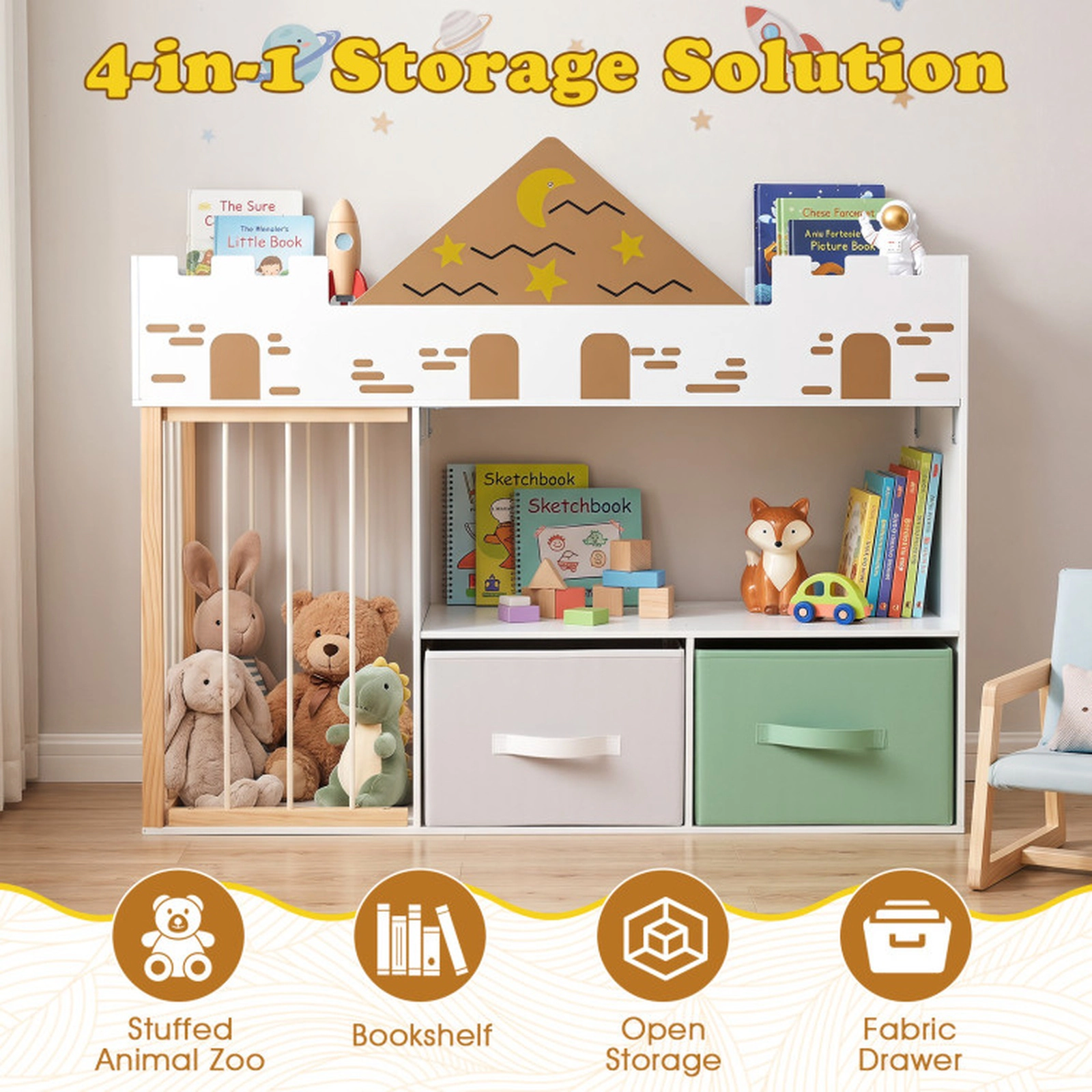 SUGIFT 36-in 35-lb Shelf Castle Kids Toy Organizer with Stuffed Animal Storage Fabric Drawers and Open Shelves