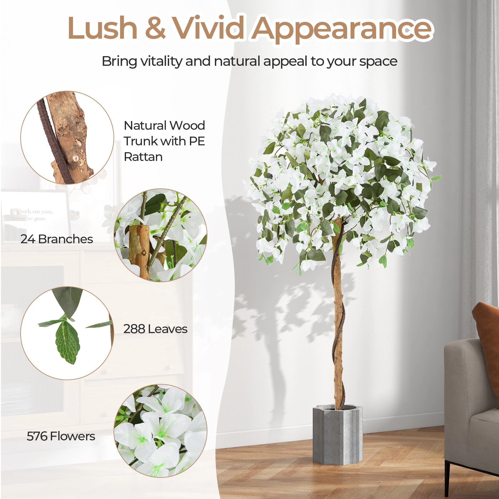 SUGIFT 53-in Tall Artificial White Azalea Tree with 576 Silk Blooms 288 Leaves and Cement-Filled Pot