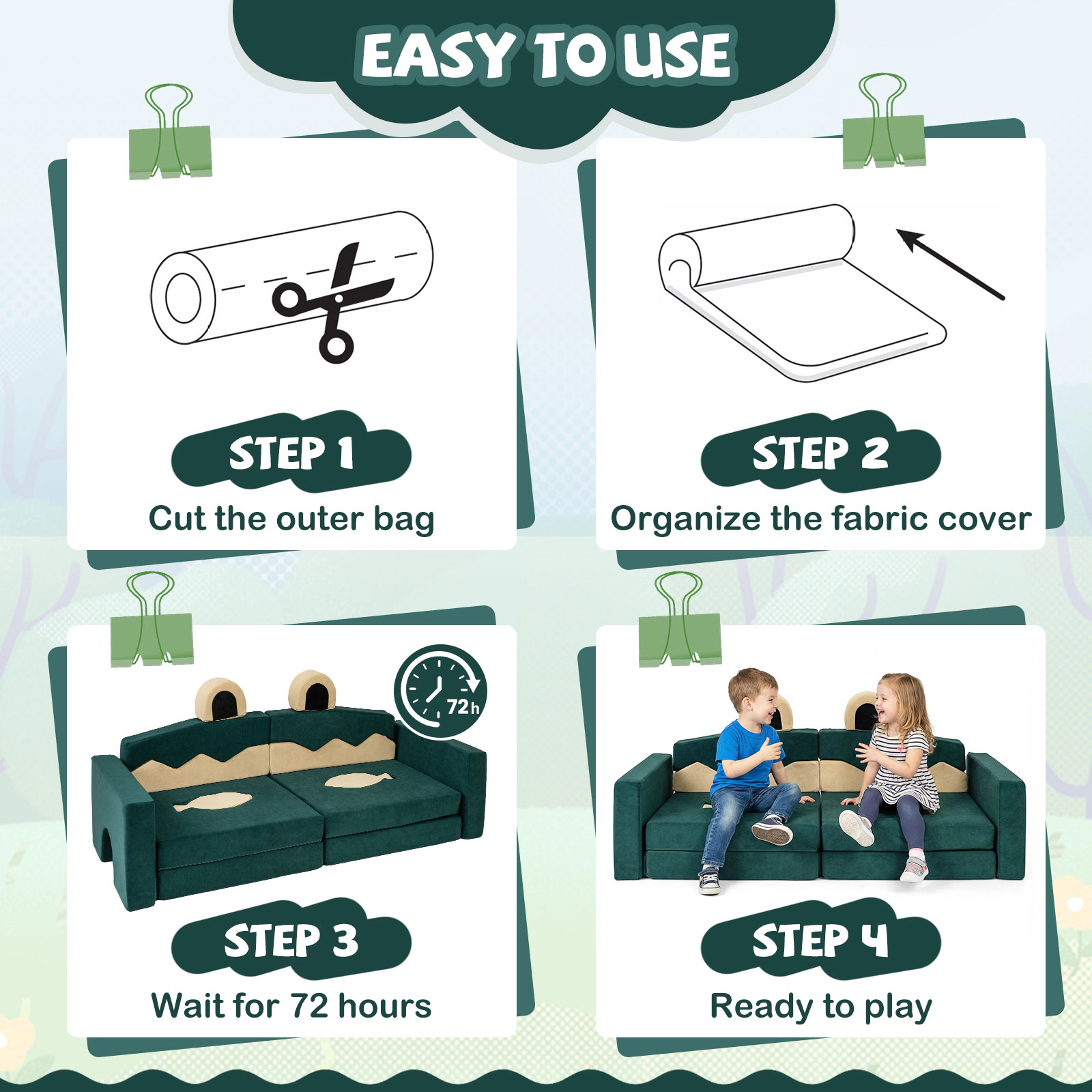 SUGIFT 17-Piece Modular Kids Play Couch Sofa Chair 55-in Wide Velvet Fabric and Foam Ages 3+ Crocodile