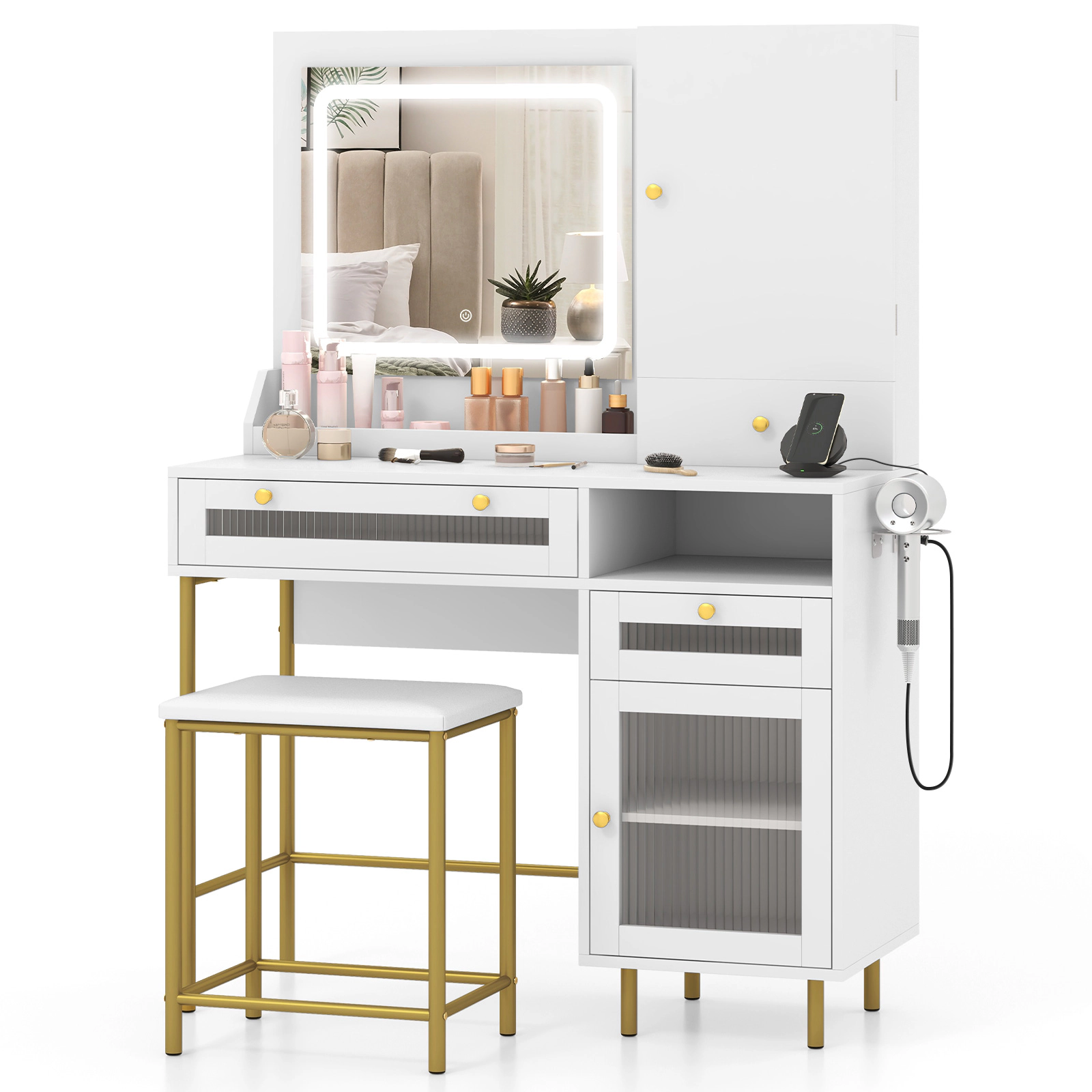 LJG Modern Makeup Vanity Desk with Mirror and Lights and Stool Set