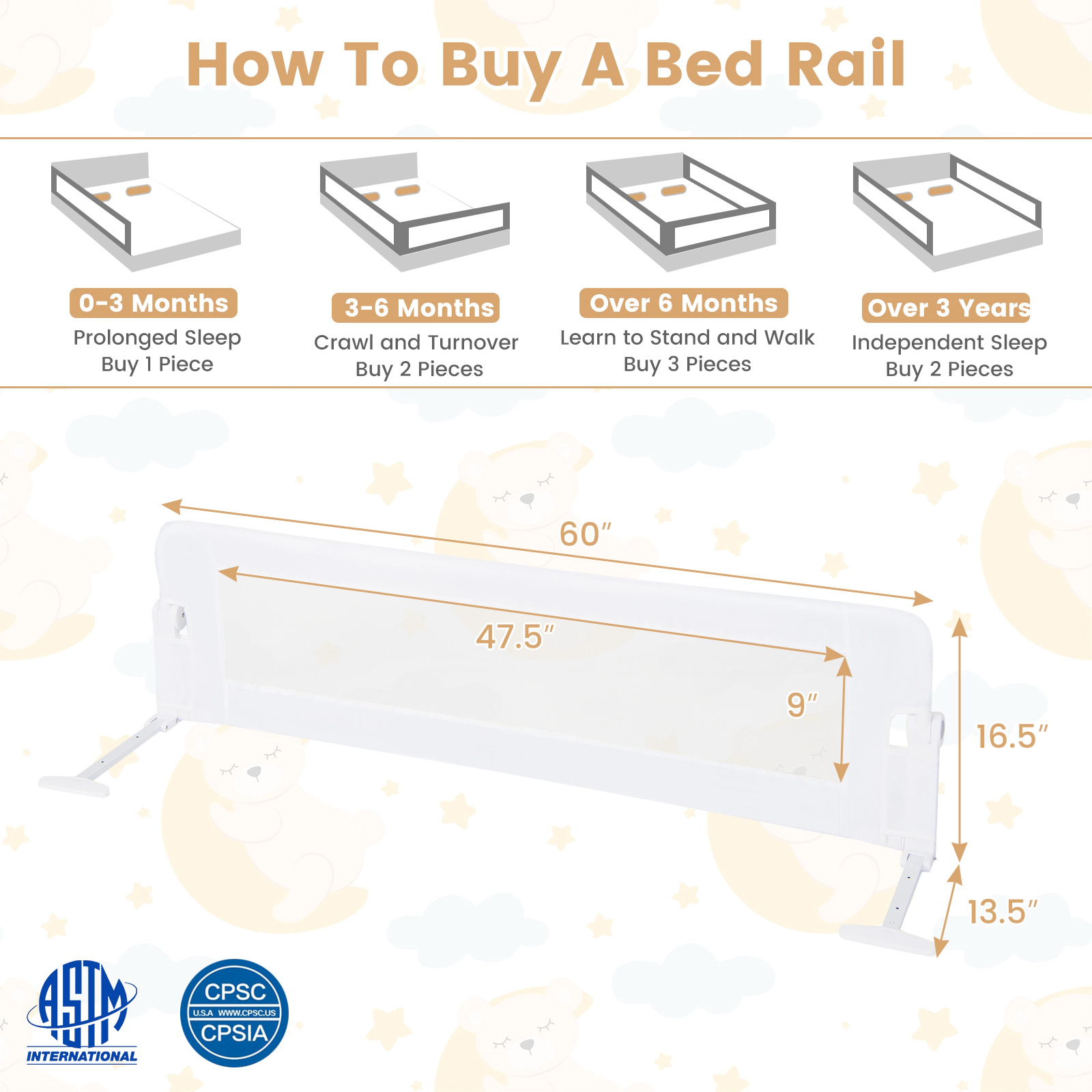 SUGIFT Adjustable Safety Strap 60-in Foldable Toddler Bed Rail Swing Down Bed Guard