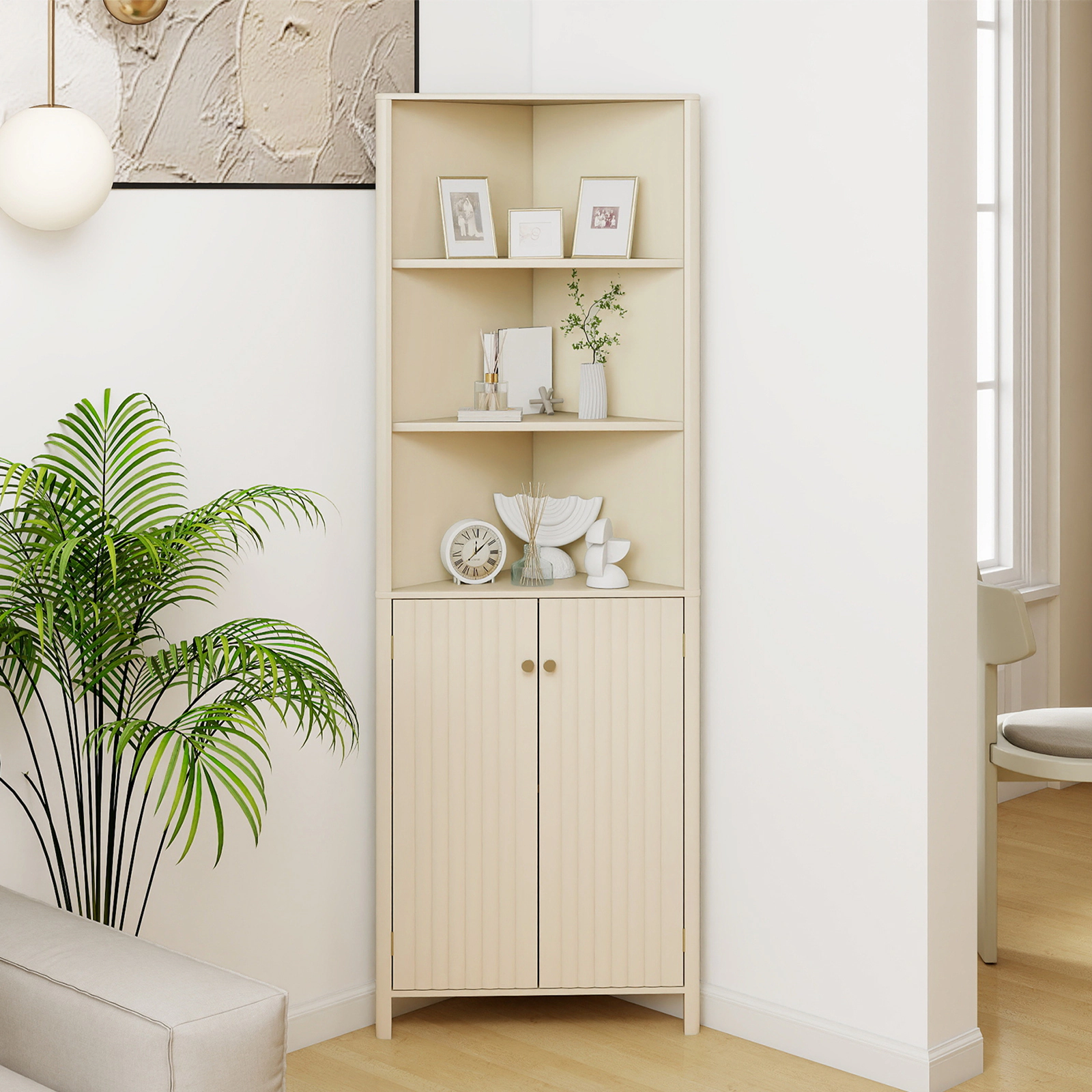 Slickblue Corner Bathroom Storage Cabinet Beige MDF Tall Floor Cabinet Adjustable Shelf