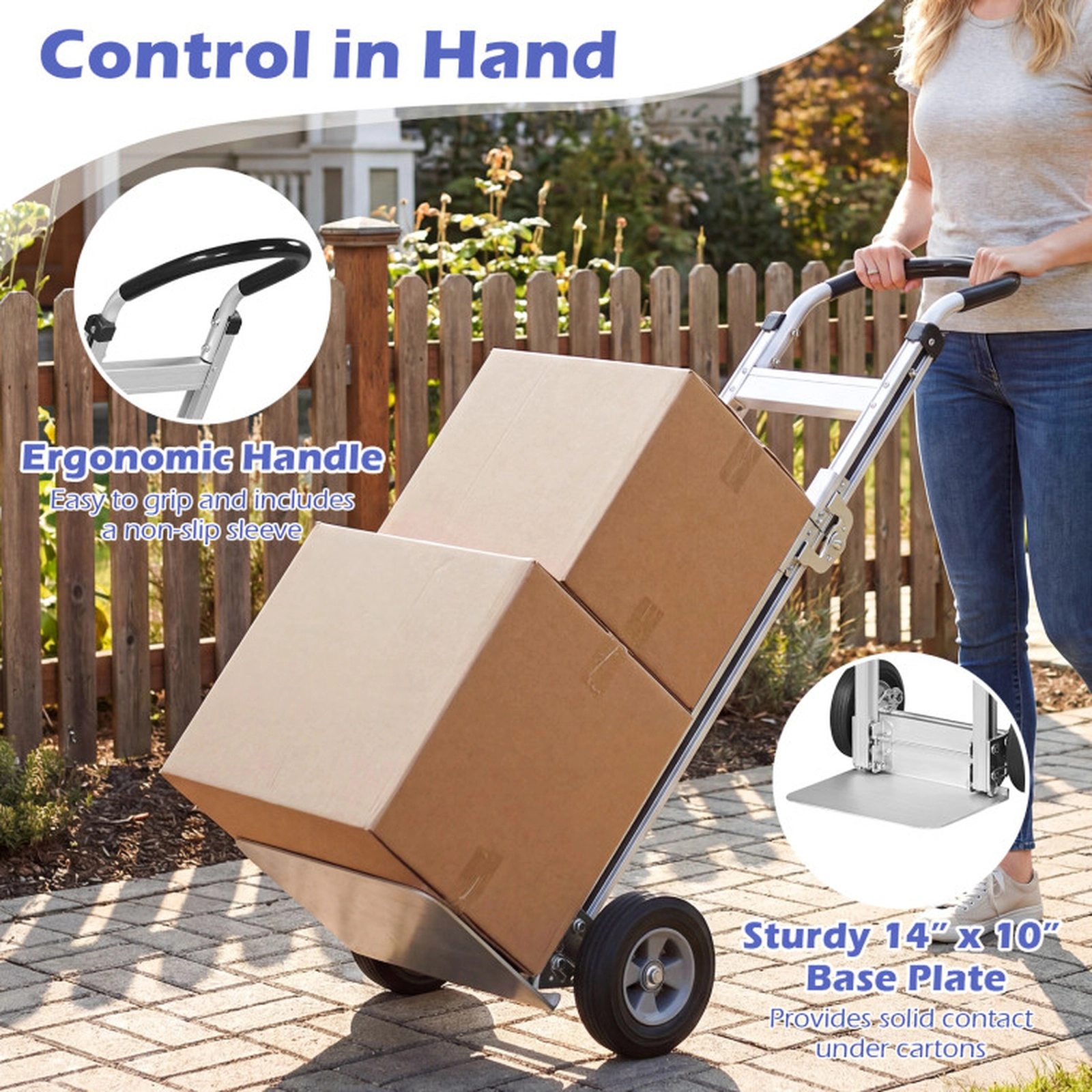 SUGIFT Folding Hand Truck Dolly Cart 600-lb Capacity with 14 x 10 in Base Plate and 8-in Wheels Silver and Black