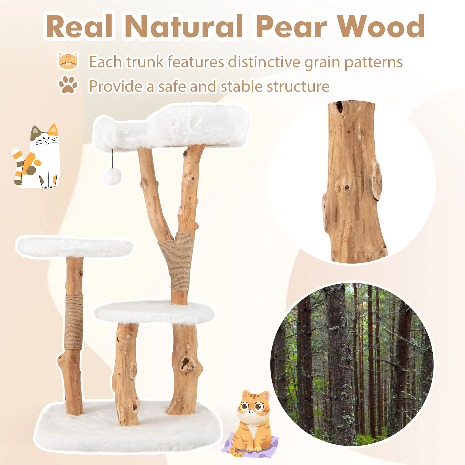 SUGIFT 44-in Solid Wood Cat Tree with Top Perch and Natural Jute Scratching Posts 33-lb Capacity Natural+White