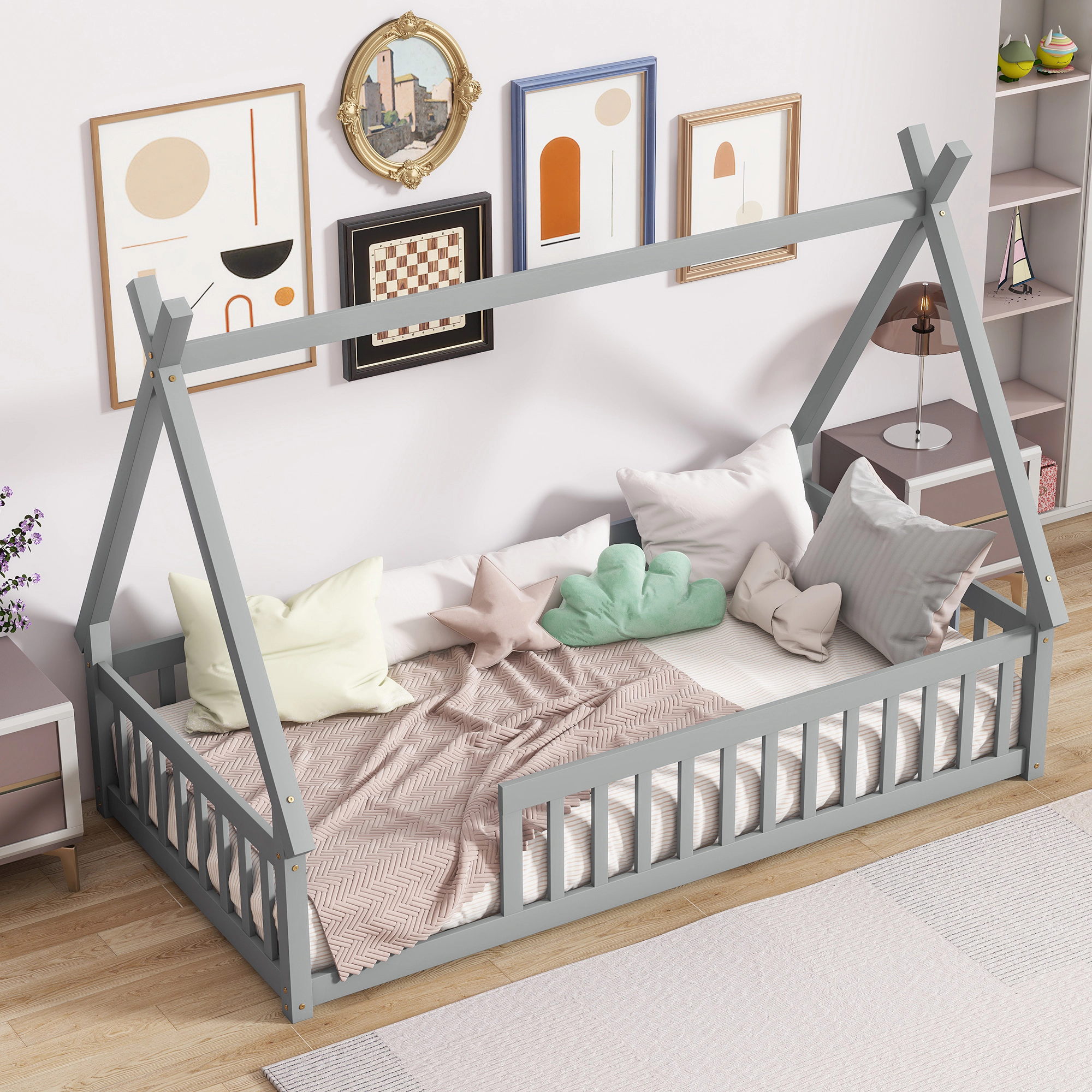 Tinyhomie Twin Tentshaped Floor Bed Teepee with Guardrails Slats Grey