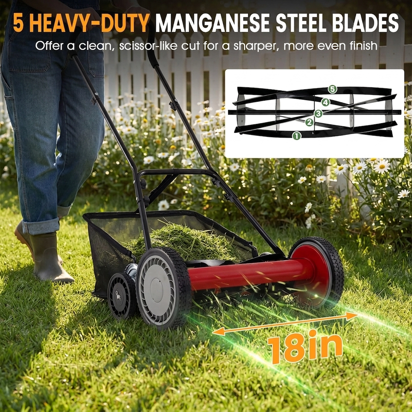 SUGIFT 18 in Push Reel Lawn Mower Red 5 Blade with Removable Grass Catcher