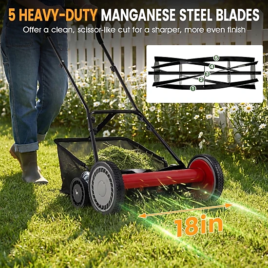 SUGIFT Red 18-in 5 Blade Push Reel Lawn Mower with Removable Grass Catcher 10-in Front Wheels