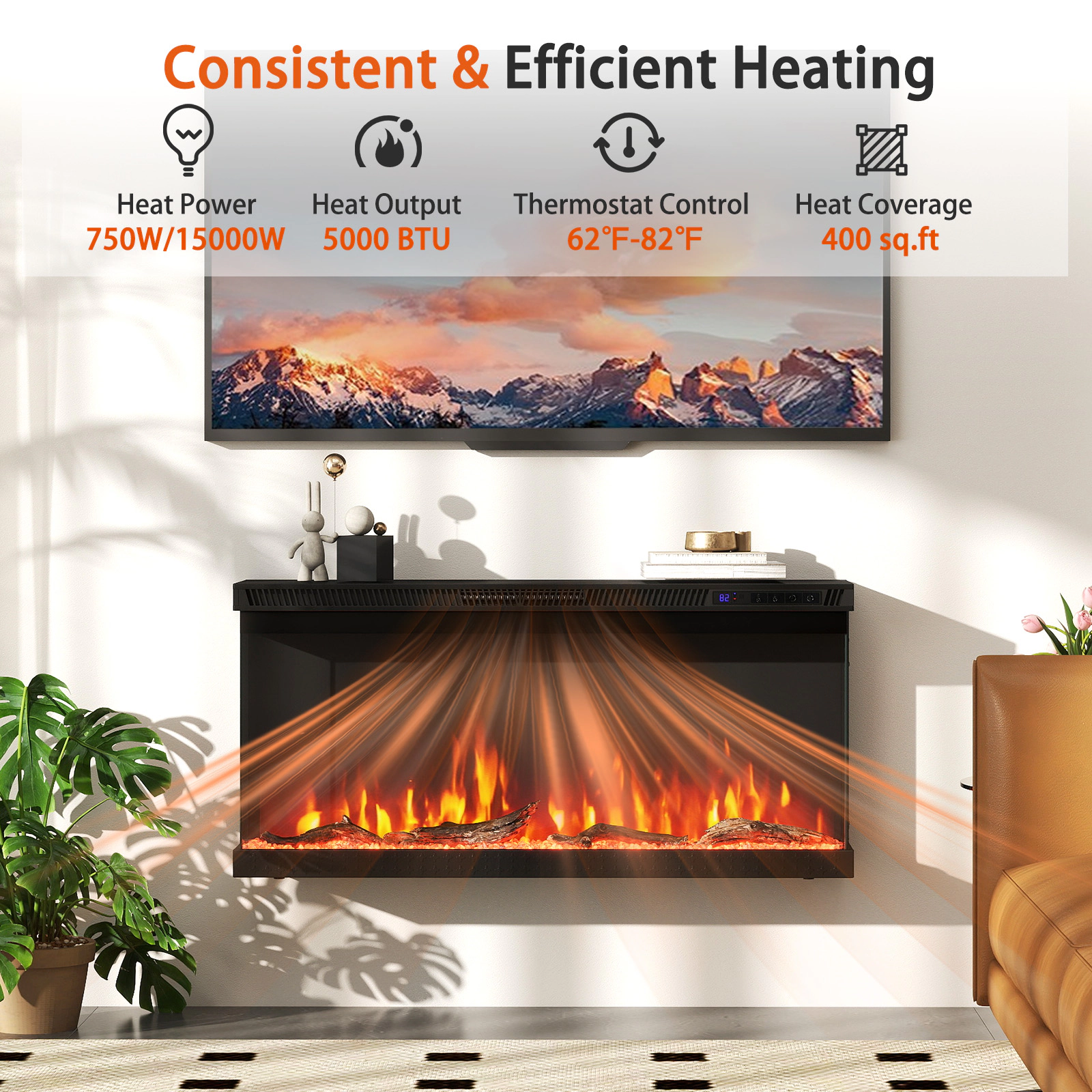 SUGIFT 36-in 3-Sided Glass 5 Brightness Levels Electric Fireplace Insert 36-in x 7.8-in x 17.3-in 41-lb Black