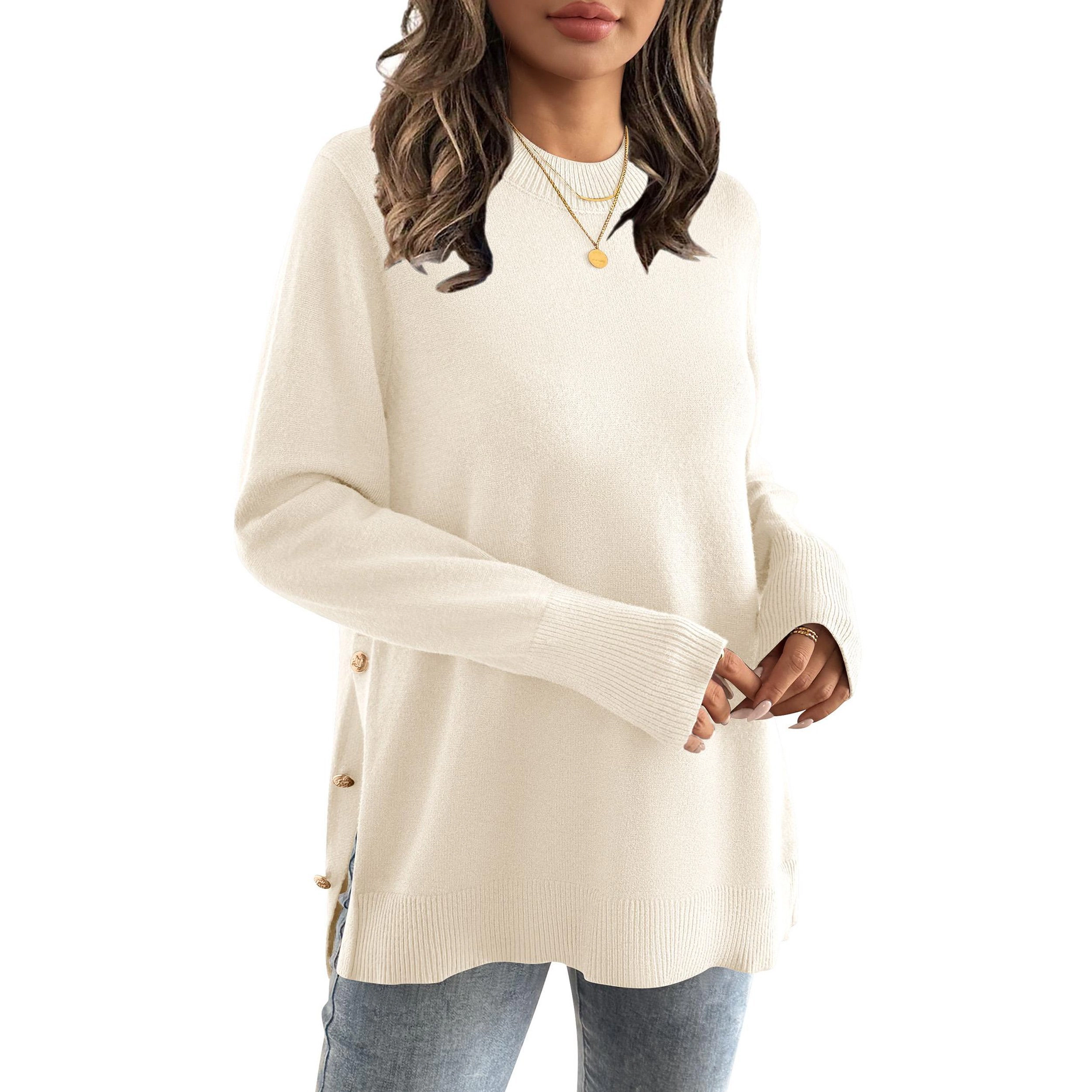 Zeagoo Women's Crewneck Loose Side Button Slit Long Sleeve Tunic Knit Pullover