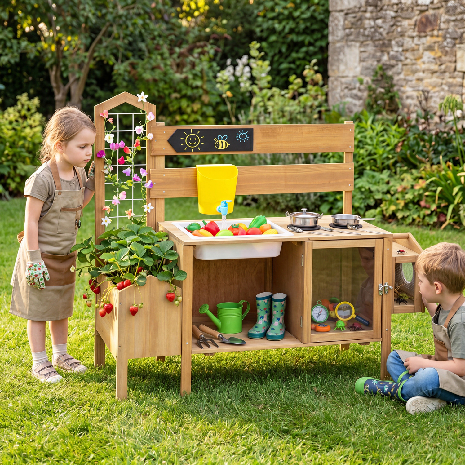 LJG Mud Kitchen for Kids with Detachable Bird Cage and Stoves