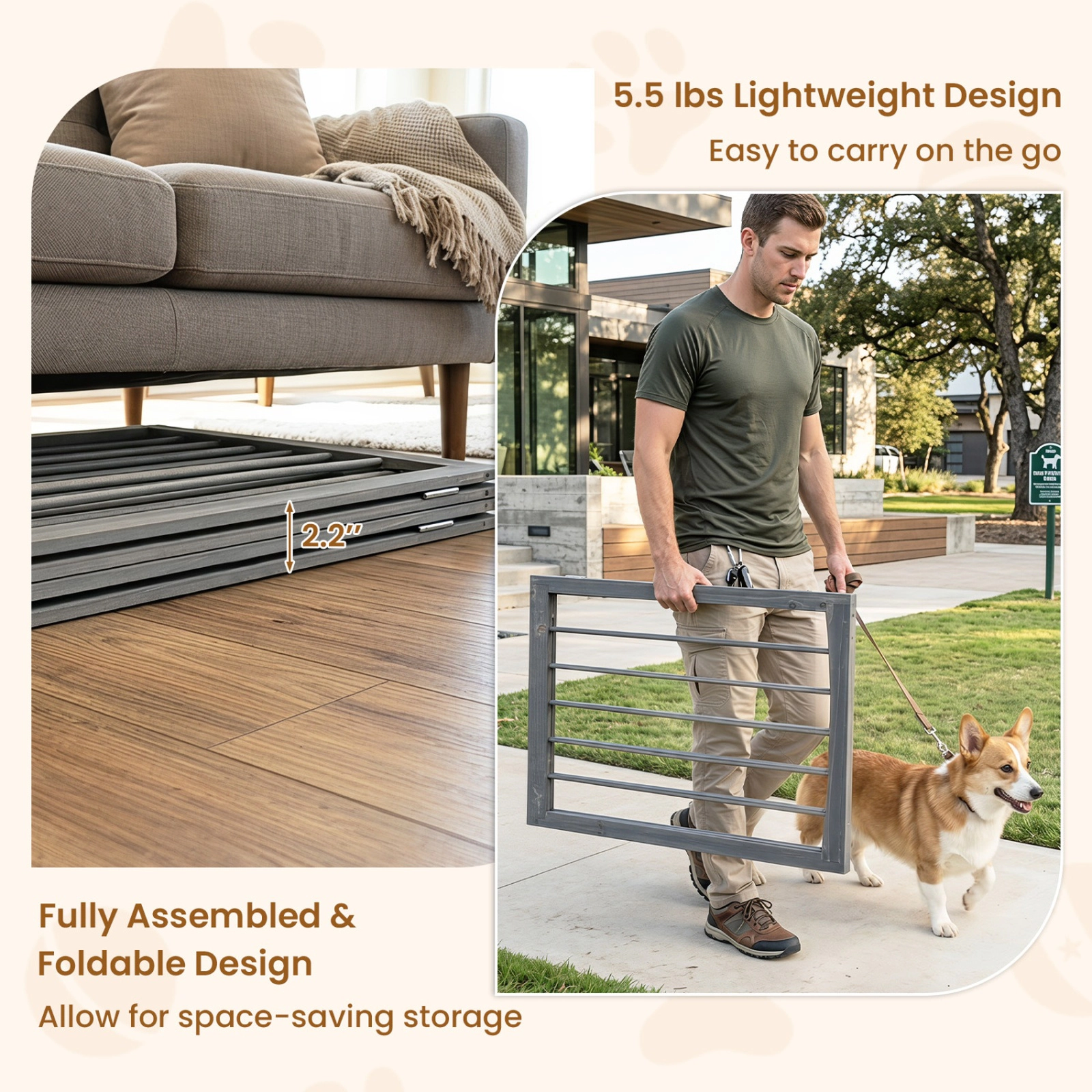 SUGIFT 83-in x 30-in 4-Panel Wooden Freestanding Indoor Dog Gate Pet Fence with 180-Degree Hinges