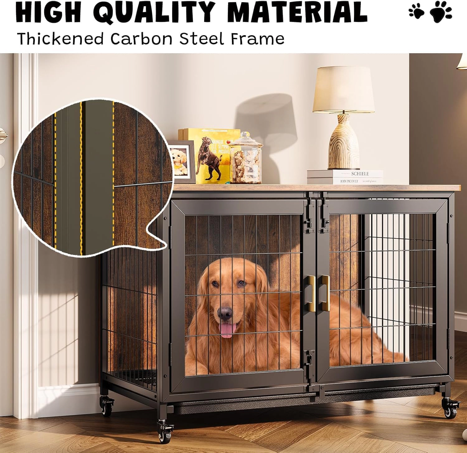 37.5 Inch Ironwood Dog Crate, Indoor Pet Kennel with Lockable Wheels & Removable Tray