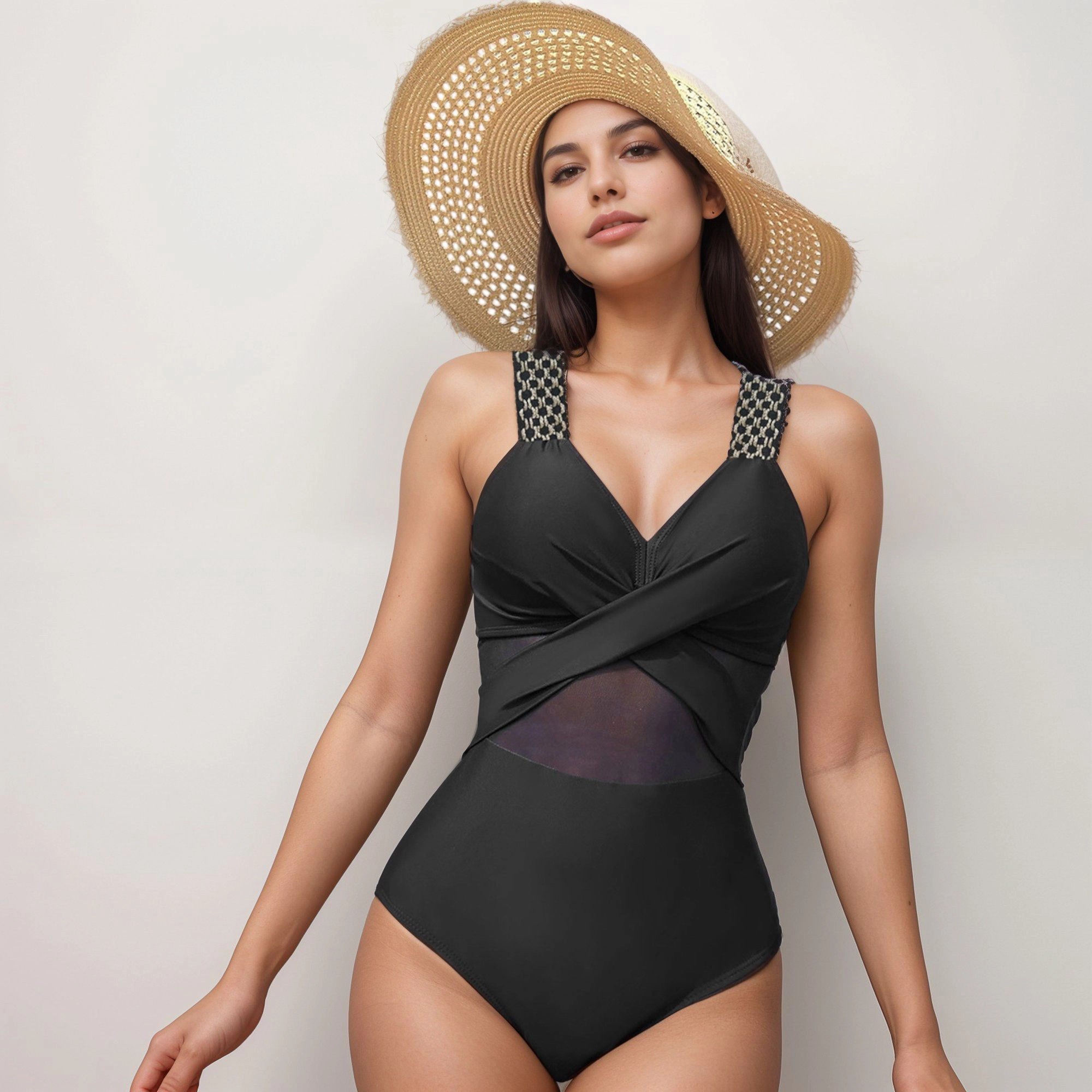 Anna-Kaci Women Colorblock One-Piece Swimsuit Front Detail Mesh Straps