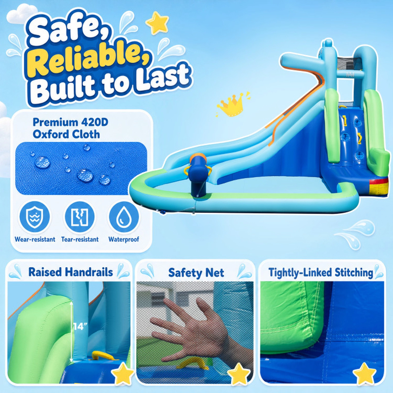 SUGIFT Hippo-Themed Inflatable Water Slide with Climbing Wall and 680W Blower 100-lb Capacity Ages 3-12 Multicolor
