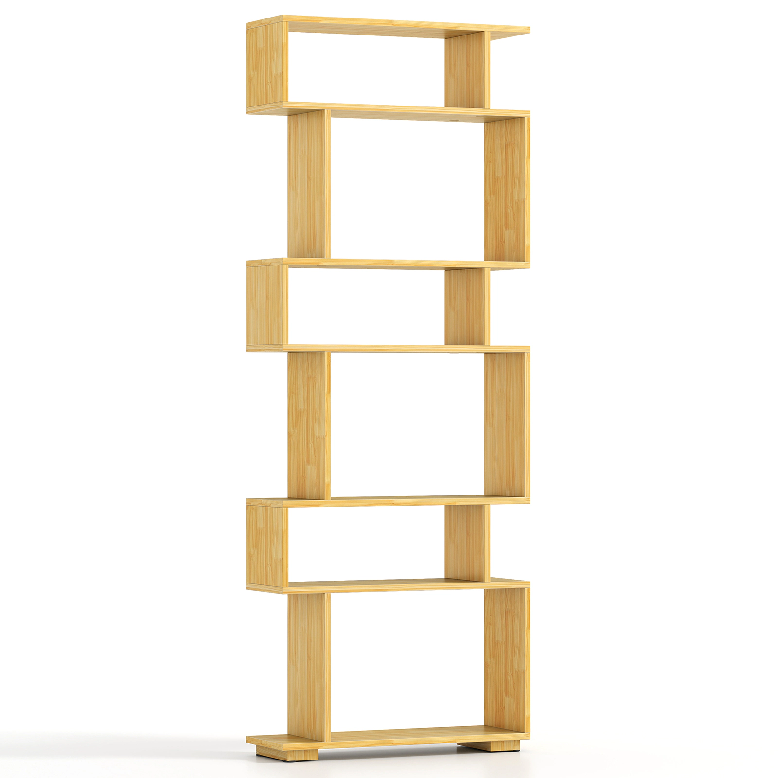 SUGIFT Wood 6-Tier Geometric S-Shaped Bookshelf 64 in with 2 Anti-Tipping Kits