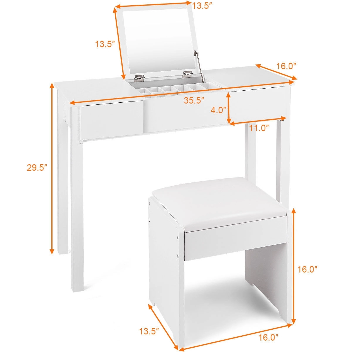 SUGIFT 35.4-in White Flip Top Vanity Makeup Dressing Table Set with Hidden Storage and Cushioned Stool